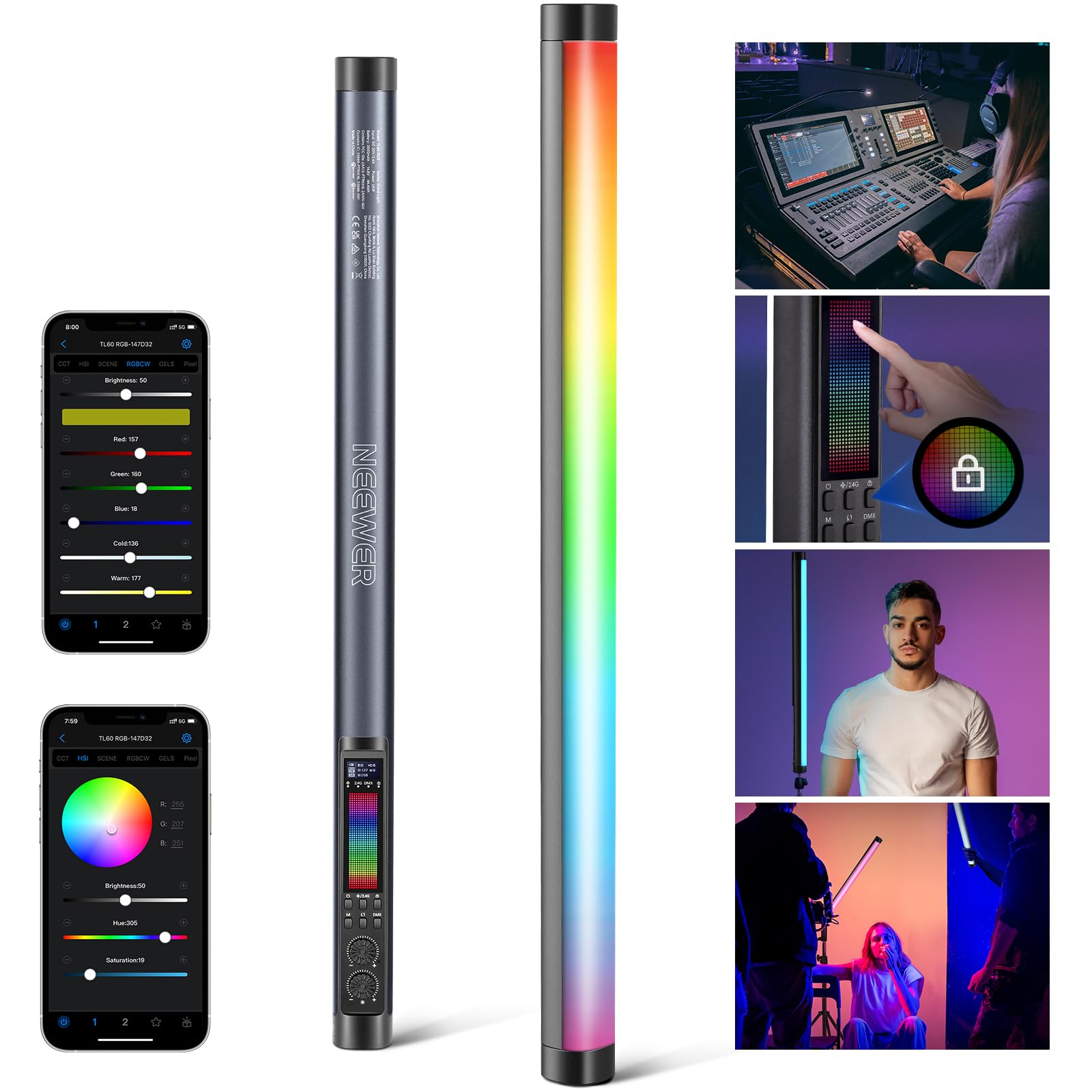 NEEWER TL60 RGB チューブライト フルカラー RGBWW スティックライト ハンドヘルドライト 撮影用ライト LEDビデオライト バーライトAPP/2.4G/DMX制御 7つのピクセル効果 18種シーン カラージェル/ピッカーモード 2500|生活応援ショップ 店