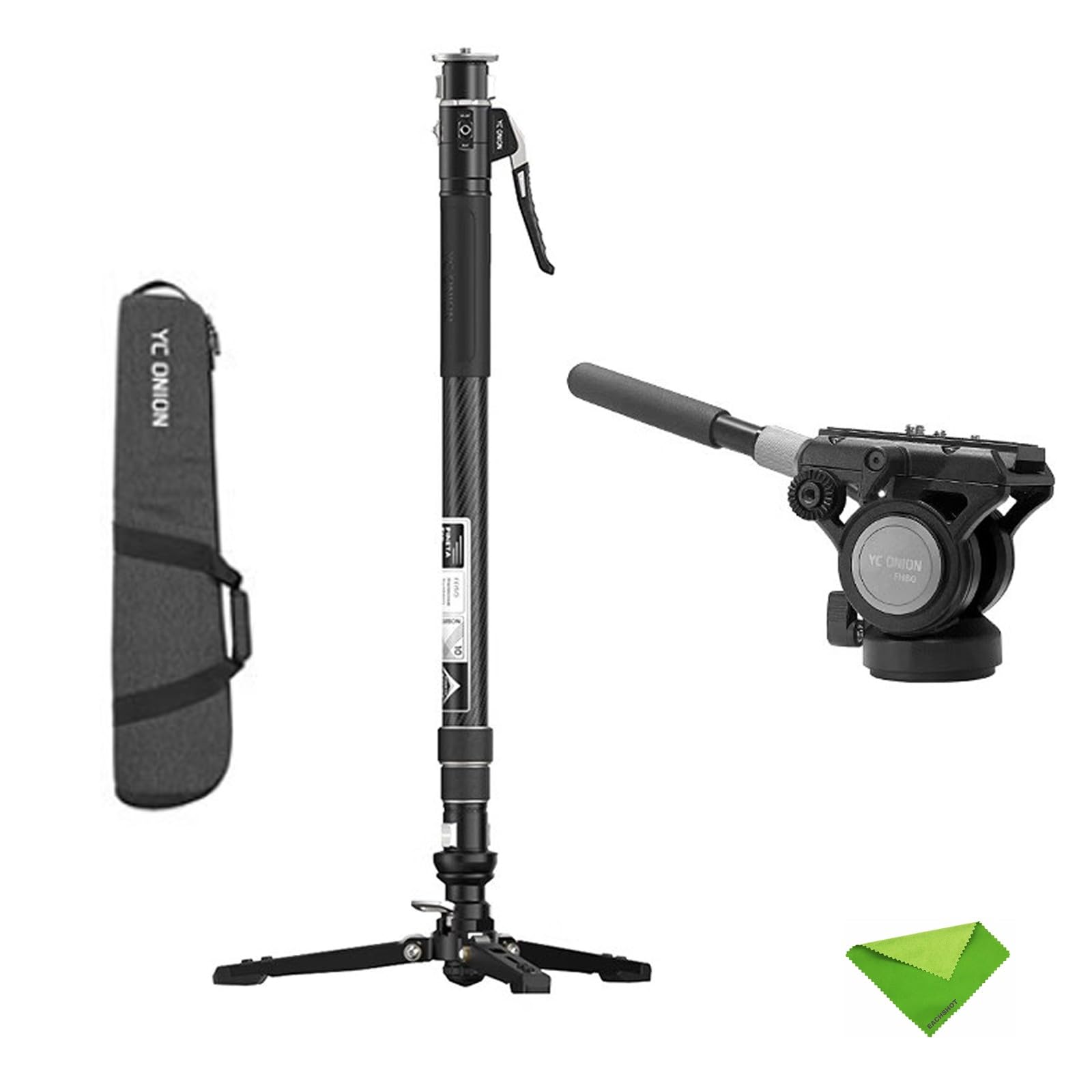 YC Onion Pineta Pro カーボンファイバー 一脚、FH60 フルードヘッドとペダルベース、ライトスタンド、DSLR カメラ、ジンバルなど用のクイックリリースプレート付き軽量トラベル一脚