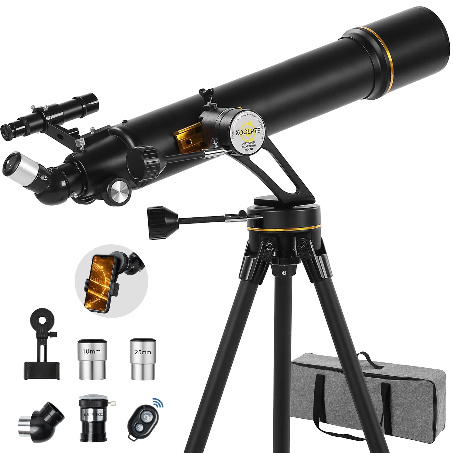 望遠鏡 90mm 口径 700mm - Vertisteel AZ マウントベース、高精度調整 (28x-210x)、天文学者と大人＆子供に最適、ワイヤレスリモート、電話アダプタ付き旅行望遠鏡 (ブラック)