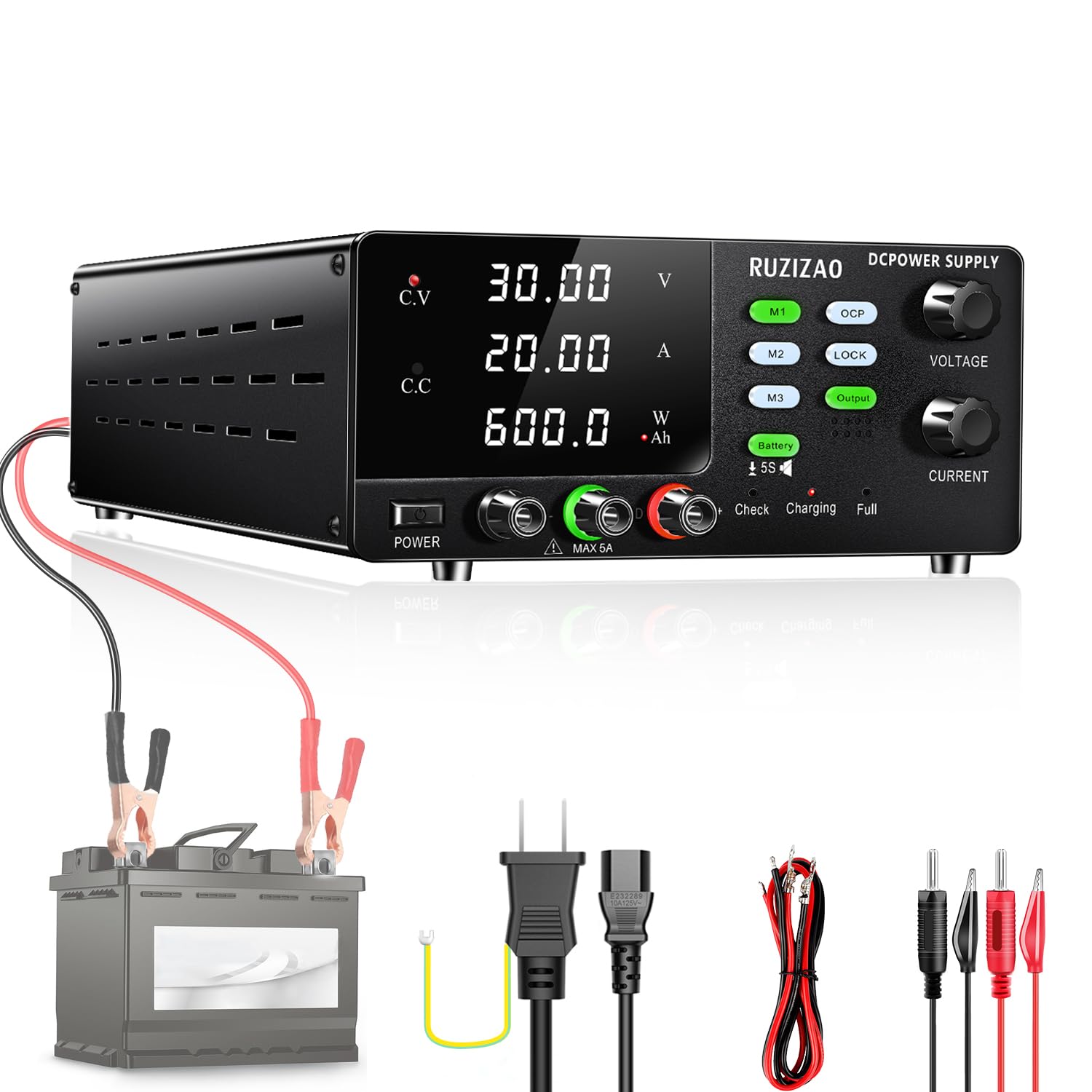 RUZIZAO 安定化電源 30V 20A 600W 大電力 可変直流安定化電源 4桁電圧電流電力表示 エンコーダ付きボタン 6V 12V 24V 電池充電用 スイッチング電源 DC 電気制御機器 実験室用 直流実験室電源 テープ記憶機能 サウンド OCP