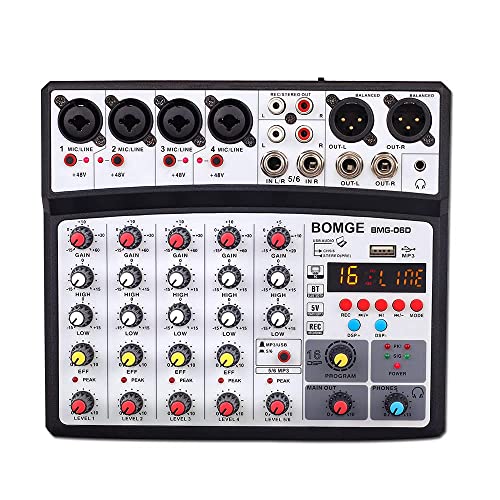 BOMGE 6チャンネルdjオーディオミキサー、MP3 USB Bluetooth、48Vファンタム電源、5V電源、16 DSPエコーエフェクトミキサー(ライブ、音楽、カラオケ、ポッドキャスト用) (黒)