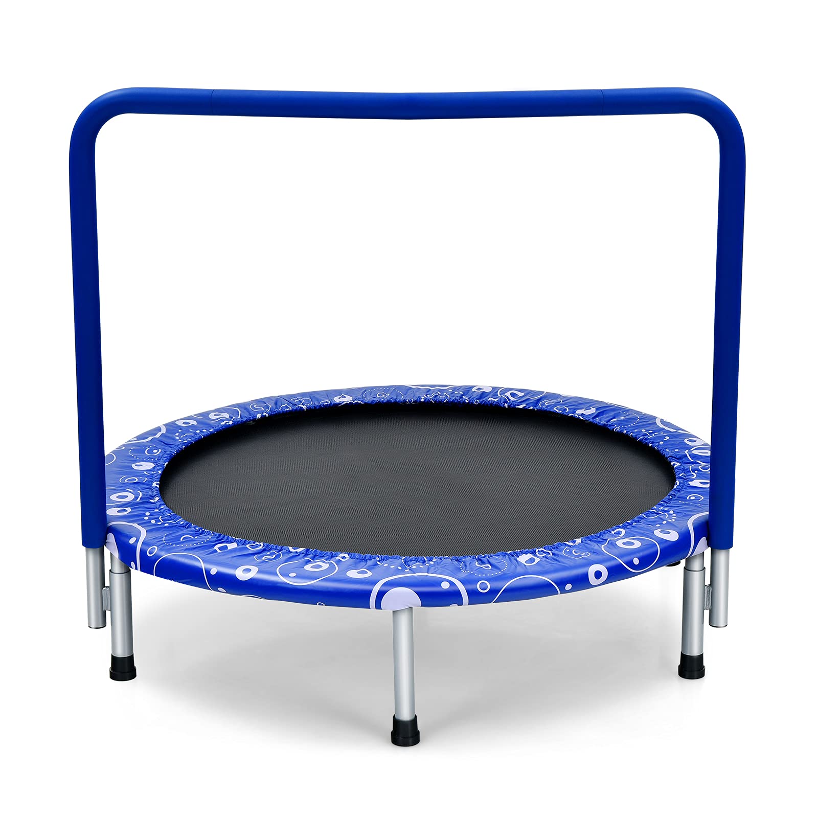 GYMAX トランポリン 子供用 大人用 補助手すり付き 直径約92cm 耐荷重150kg 折りたたみ 収納便利 組み立てやすい 静音 高弾力 安全ゴム式 室内 室外 おもちゃ 入学 入園 誕生日 プレゼント 学童保育 保育園 幼稚園 スポーツ 運動 エク