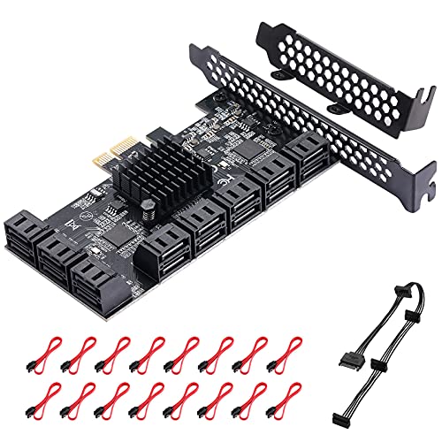 MZHOU PCle16ポートSATAIIIコントローラー拡張カード、6Gbps X1 / X4 / X8 / X16、16個のSATAケーブルとロープロファイルブラケット（ASM1064チップ）を備えた16個のSATA3.0デバイスをサポート｜生活応援ショップ　店