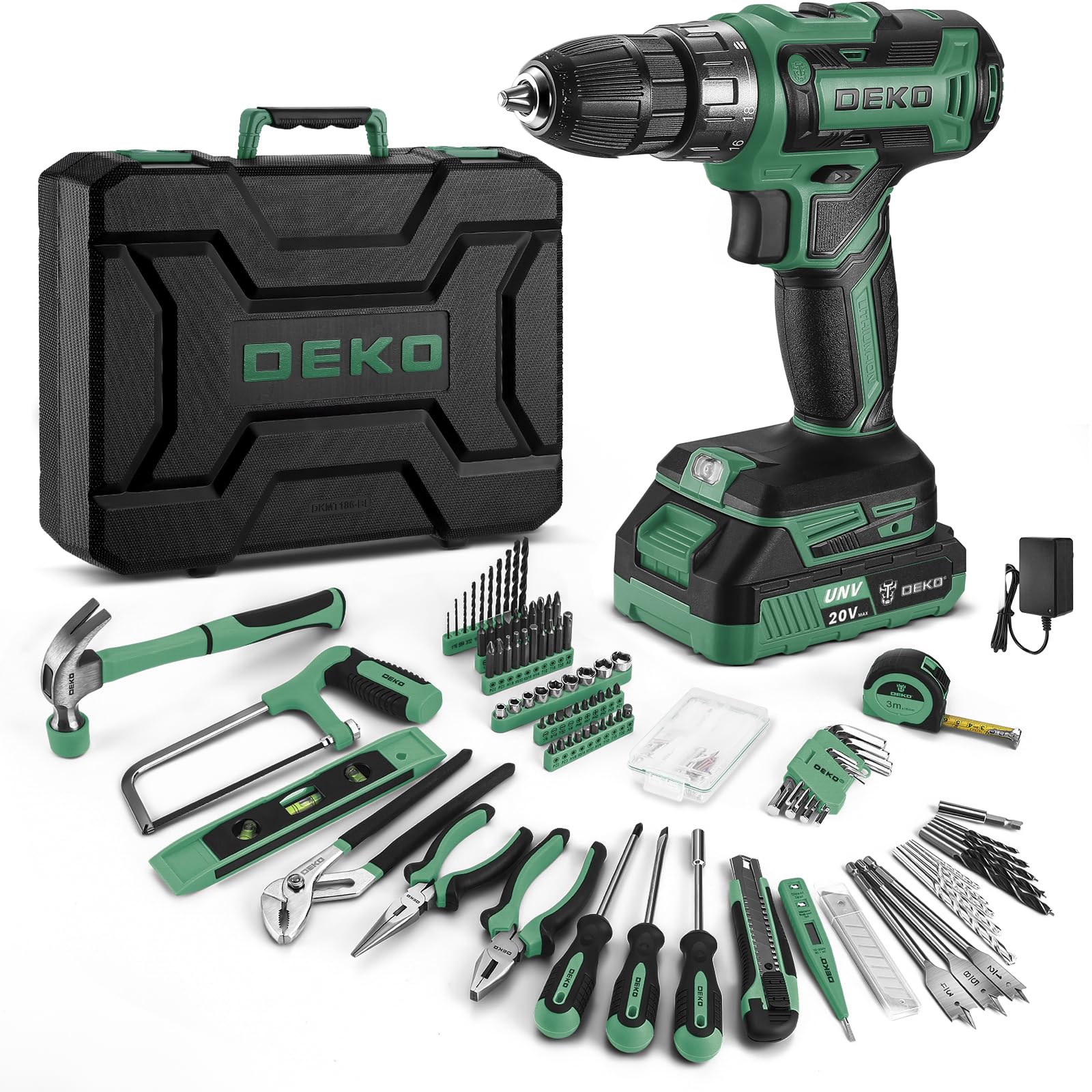 【20V電動ドリル付き】186点本組 工具セット ホームツールセット 家庭用 ツールセット 日曜大工 DIYセット 作業工具セット 家具の組み立て 住まいのメンテナンス用 修理道具セット 便利な収納ケース付き（グリーン）