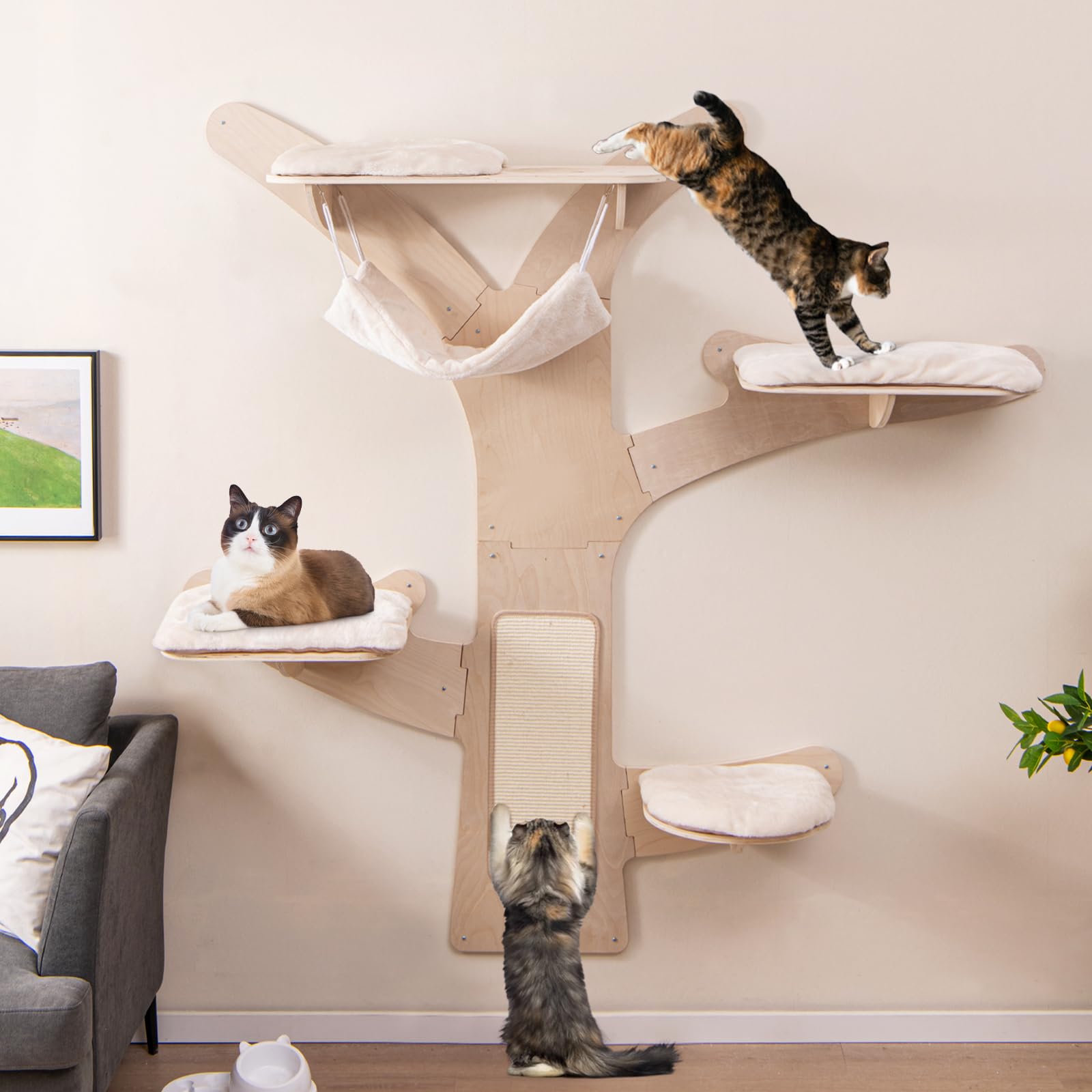 GYMAX キャットウォーク キャットタワー 壁付け キャットツリー 幅181cm×奥行181cm キャットステップ 壁 猫用クライミングシェルフ 木製猫ハウス 猫棚 猫家具 ハンモック サイザル麻 爪とぎポール 着脱式クッション 遊び場 省スペース設計