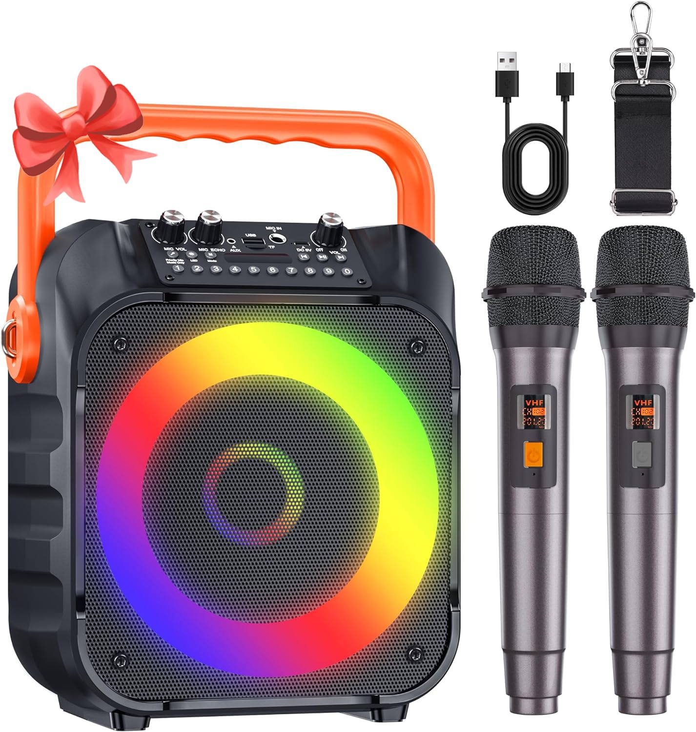 ポータブルカラオケセット　拡声器　モバイルスピーカー　マイク2本付き Amazon | カラオケセット 家庭用 ワイヤレスマイク スピーカー