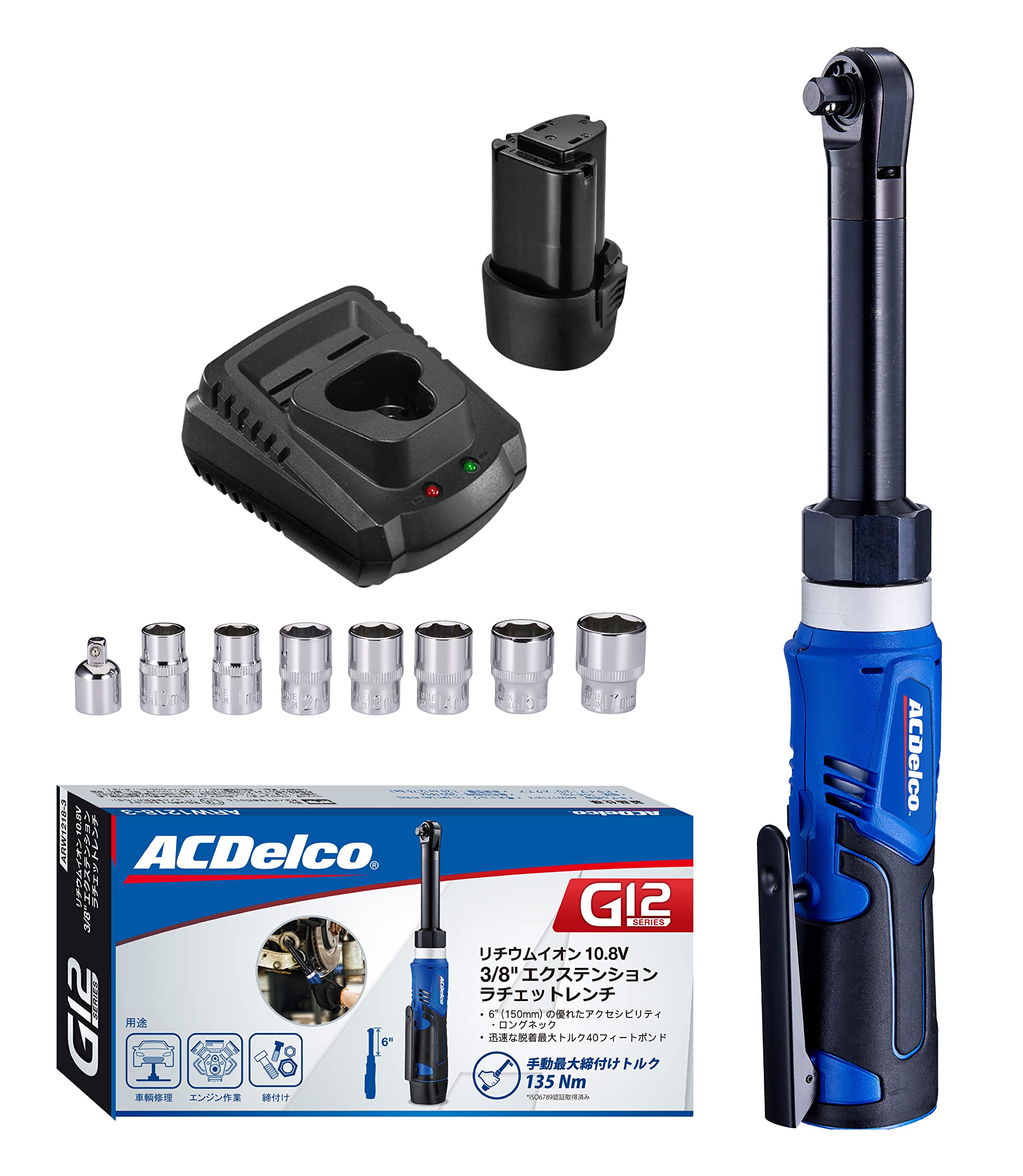 ACDelco G12 10.8V 充電式 ラチェットレンチ 3/8” (9.53mm) 最大トルク40ft-lbs (55Nm) 正逆転切替 LEDライト内蔵（日本語取扱説明書、ソケット付き）ARW1218-3P 18,631円