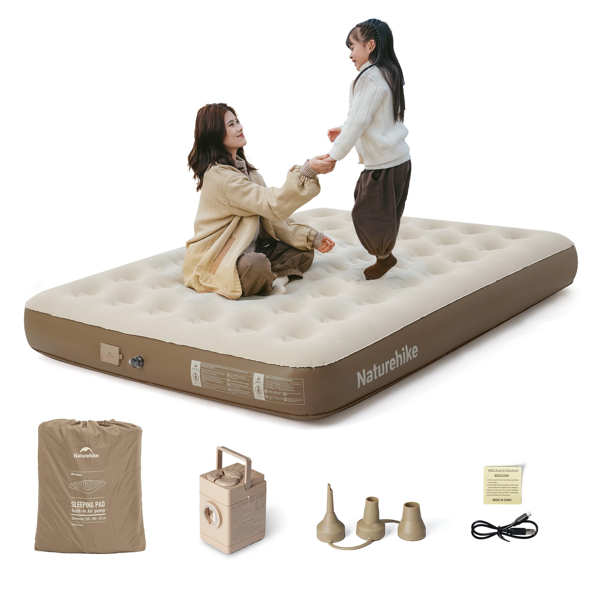 Naturehike エアーベッド 内蔵電動ポンプ キャンプ/防災/来客用 1/2/3 人用 蜂の巣構造 厚手 25cm 450kg 耐荷重 快適睡眠 簡易操作 Type-C 充電 コンパクト 収納袋付き｜生活応援ショップ　店