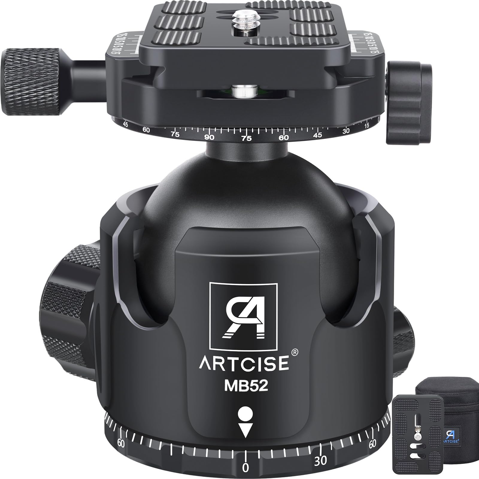 ARTCISE 52mm 低重心 ボール雲台 CNC精密加工 アルミ 360度回転 ダブルパノラマパン 三脚ヘッド アルカスイス互換 クイックシュー 自由雲台 一眼レフ DSLR ビデオカメラ用 最大耐荷重 30キロ