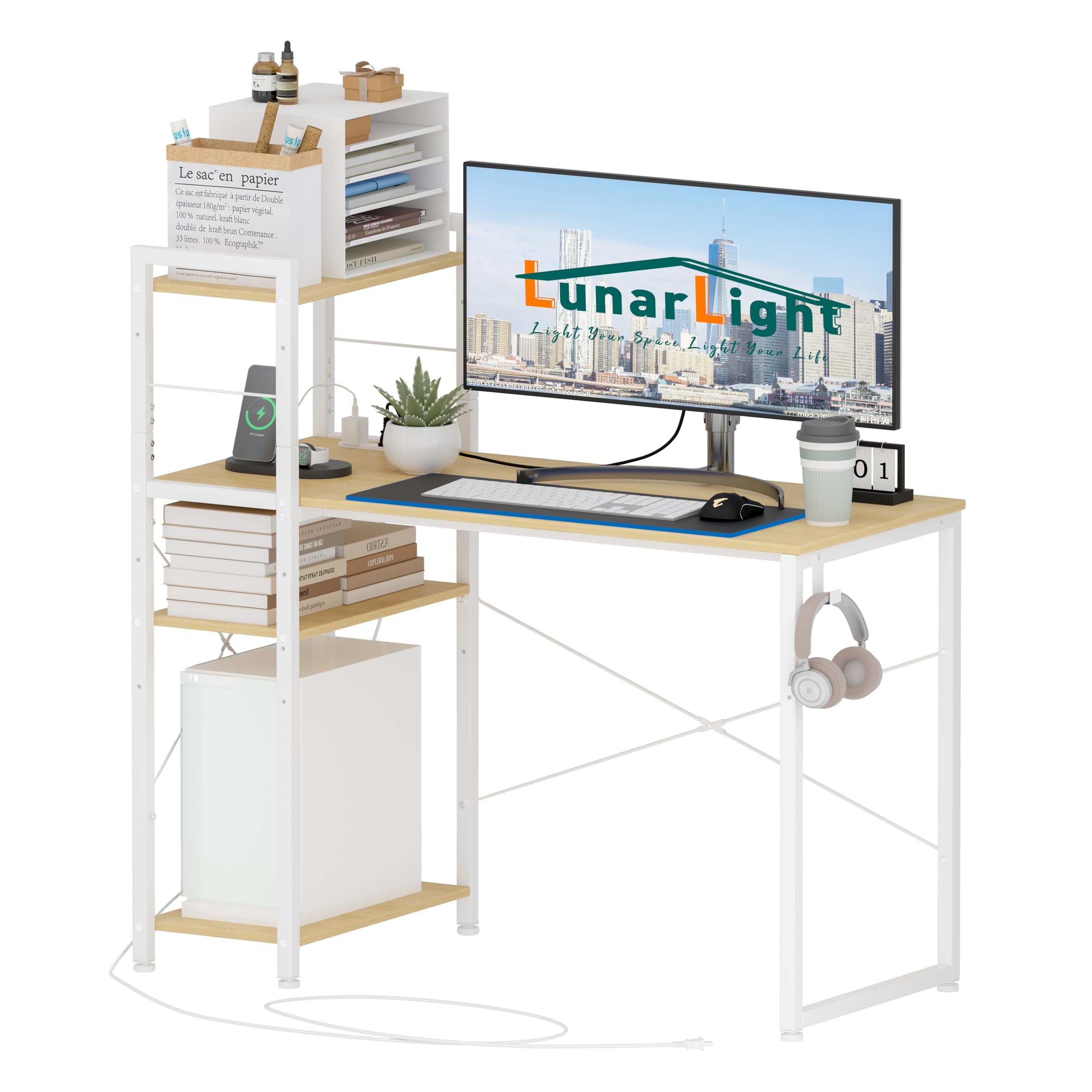 LunarLight PCパソコンデスク 机 幅110奥行48高さ110cm テレワーク用 左右組み換え自由 棚板高さ調節可能 コンセント付き ラック付きデスク 110幅収納たっぷり ゲーミングデスク オフィスデスク 書斎 収納ラック付き（ナチュラル色） 8,892円