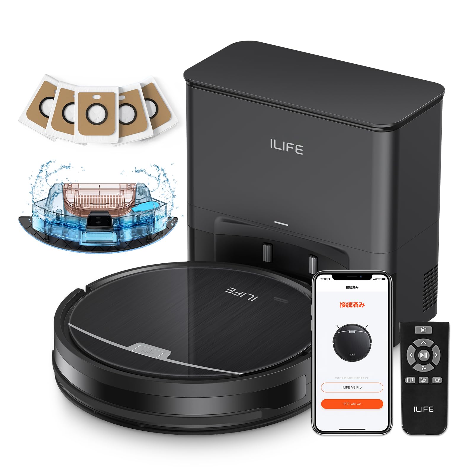 アイライフ(ILIFE) ロボット掃除機 自動ゴミ収集ステーション 2.5L大容量紙パック（5枚付き） 60日自動ゴミ収集 最小型ドックと本体 水拭き両用 3000Pa強力吸引 お掃除ロボット 超薄型 ブラシレス吸引口 2in1 ダストボックス＆ウォーター
