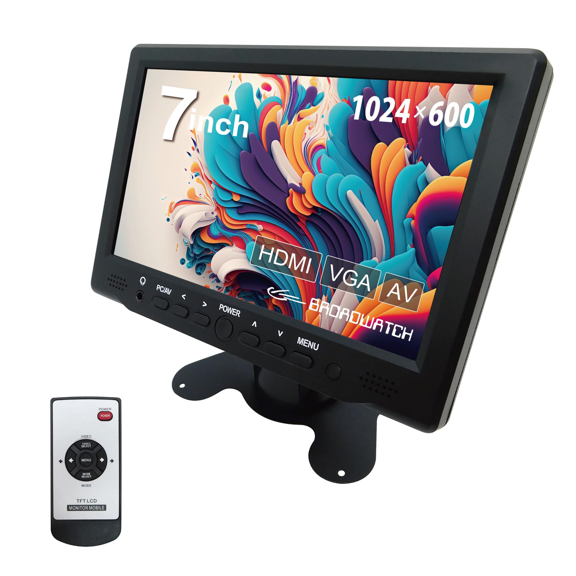 Broadwatch 7インチ LCDモニター HDMI VGA AV対応 防犯 監視 車載用 スピーカー内蔵 カメラ2台まで接続可能 リモコン・スタンド付き （7インチ/カメラ接続2台）
