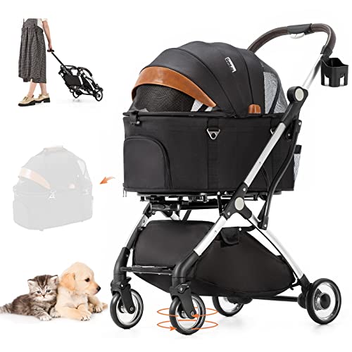 HRking.HANRAY 分離型 折りたたみ ペットカート 3wayモデル 対面式 4輪 犬用ベビーカー 前輪360°回転 後輪ブレーキ付 猫犬兼用 多機能 多頭用 介護用 ペットバギー 組み立て簡単 耐荷重15KG (ブラック)