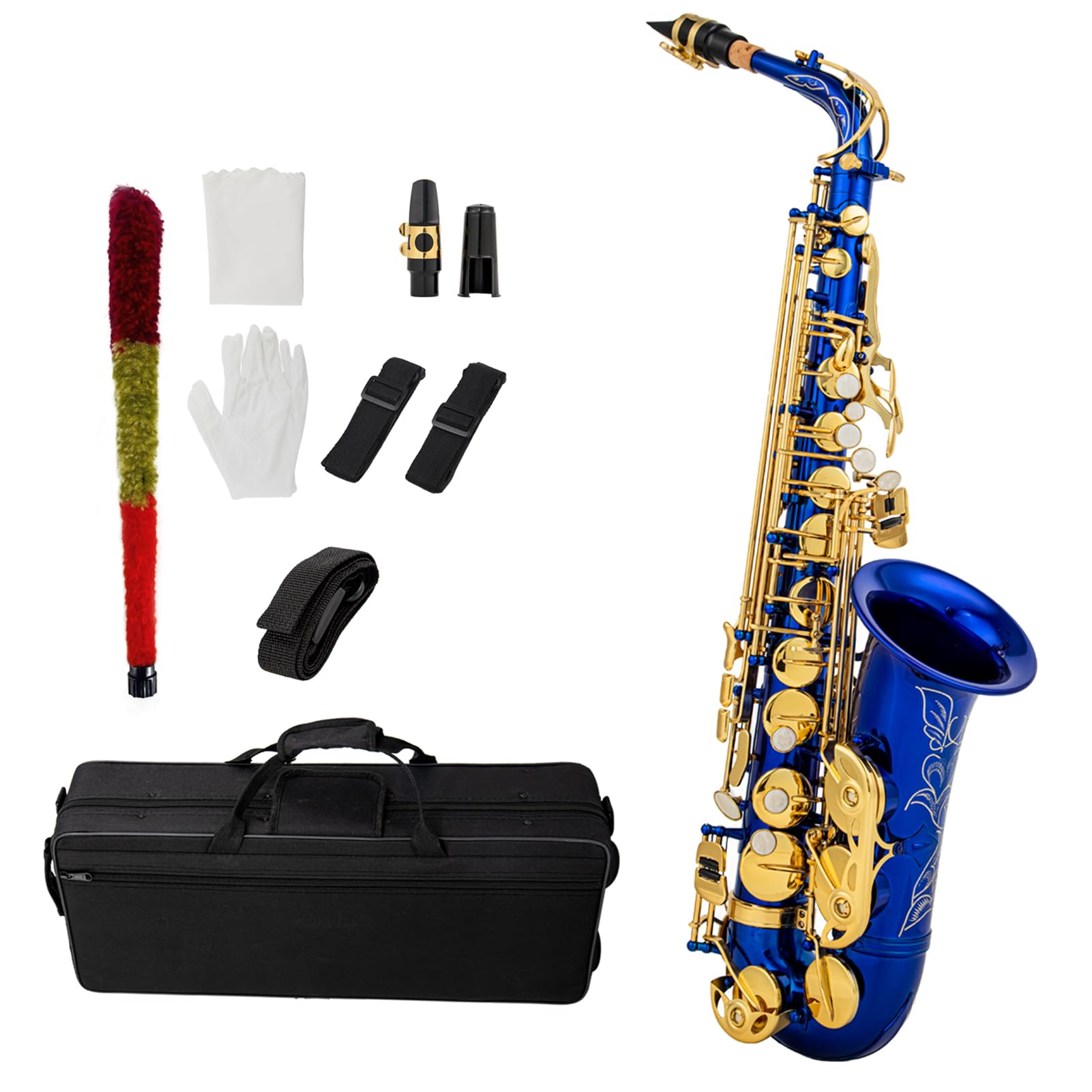 Btuty Eb アルトサックス ブラス E フラットサックス 802 キータイプ木管楽器 クリーニングロッド付き 布手袋 ストラップ パッド入りケース&hellip; (ブルー)｜生活応援ショップ　店