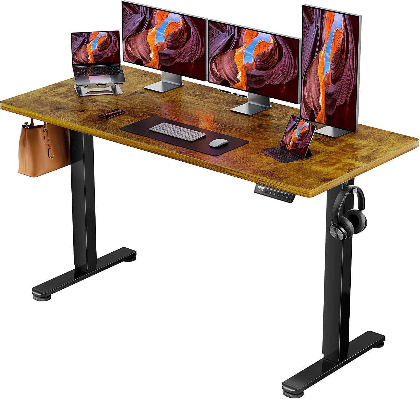 ErGear 電動 オフィスワークテーブル 昇降式デスク スタンディングデスク 幅160cm 耐荷重80kg 高さメモリー機能 上下自動昇降 静音 収納フック付き 作業机 テレワーク 【幅160 x 奥行き70 x 高さ72-118cm】(ビンテージ)