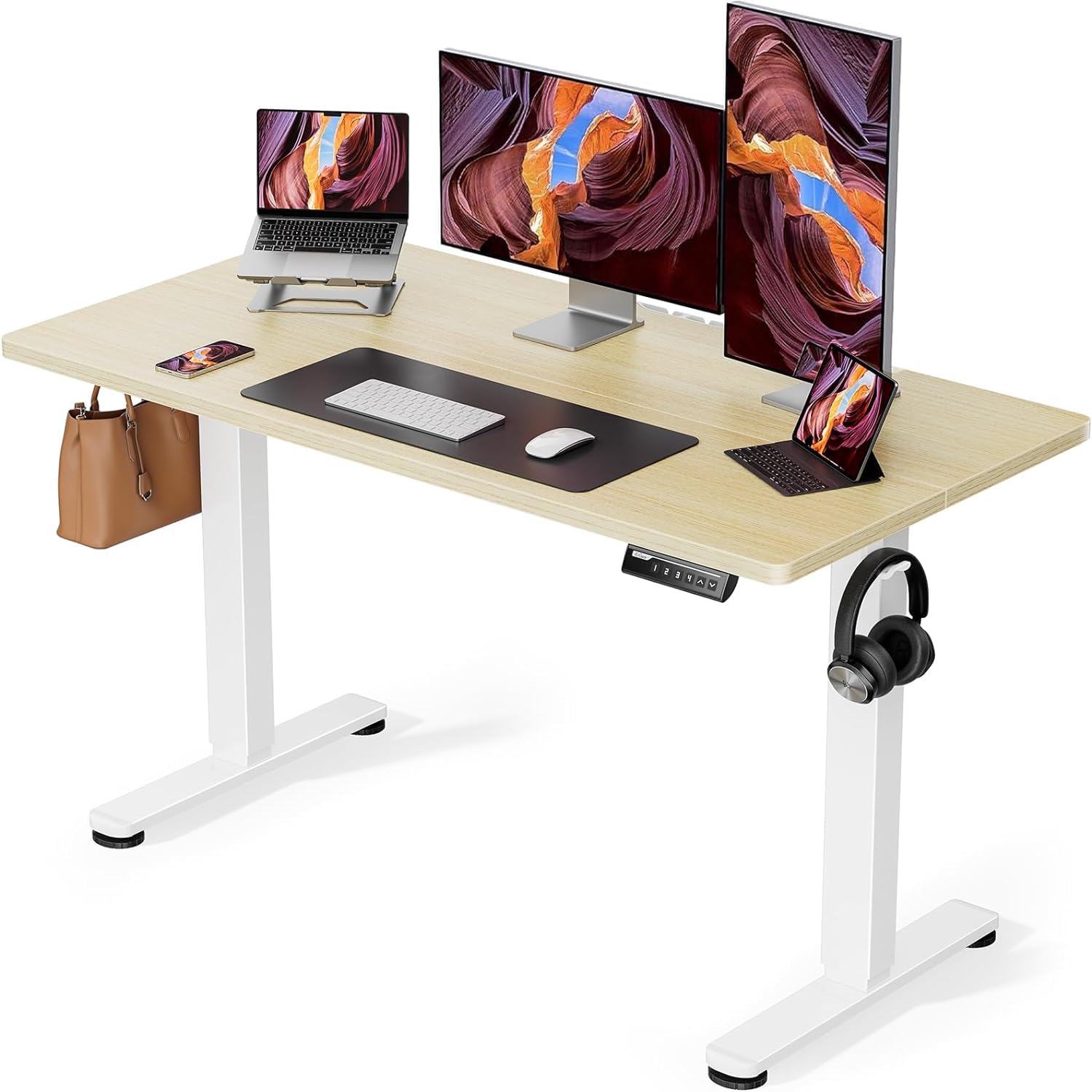 ErGear 電動 オフィスワークテーブル 昇降式デスク スタンディングデスク 幅120cm 高さメモリー機能 上下自動昇降 静音 収納フック付き 机 作業机 テレワーク 【幅120 x 奥行き60 x 高さ72-118cm】（ビンテージ）