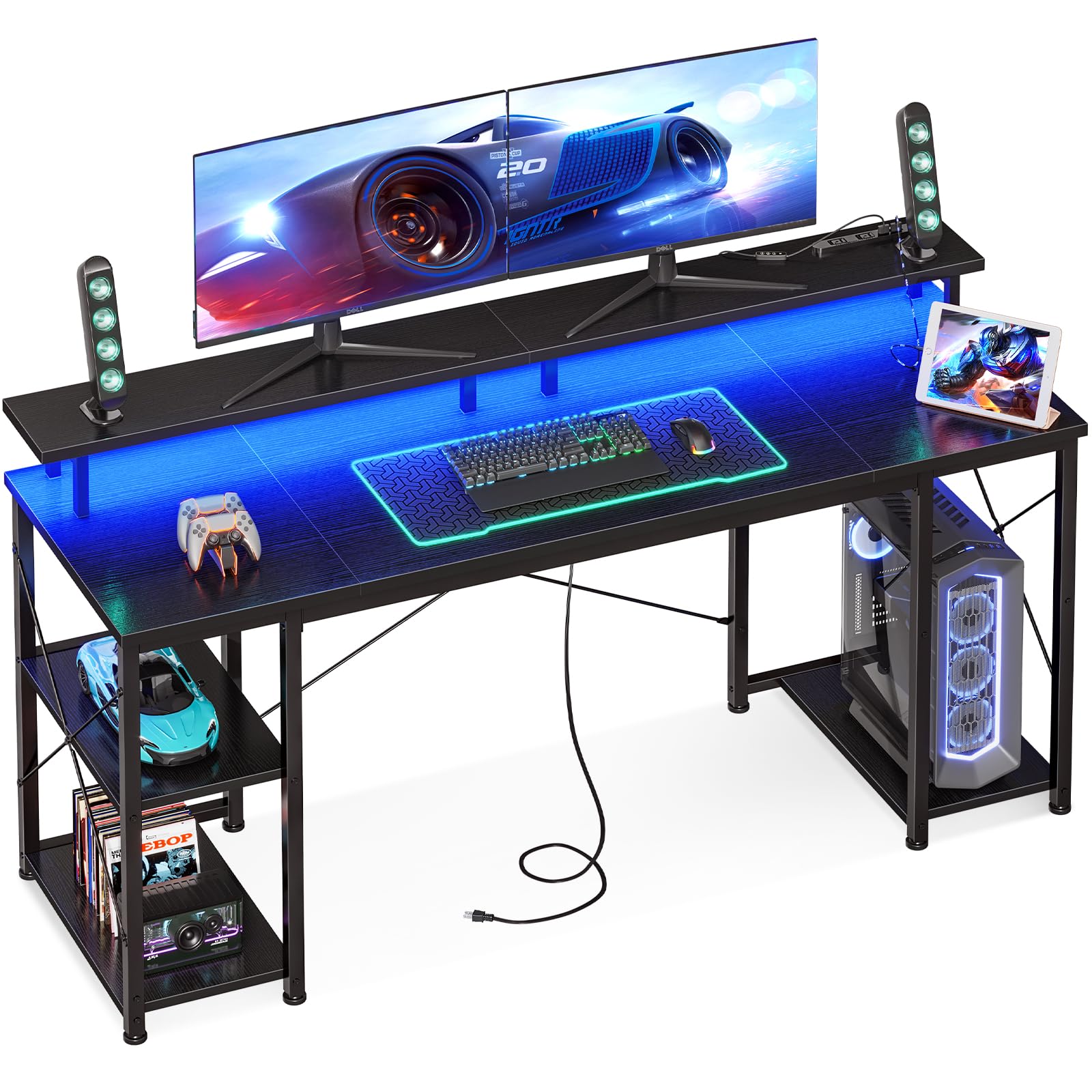 AODK ゲーミングデスク パソコンデスク コンセント&LED付き 机 pcデスク 幅160cm 両側ラック&モニター台付き 勉強机 ゲームデスク computer desk ワークデスク オフィスデスク 長机 左右入れ替え対応 ブラック 12,196円