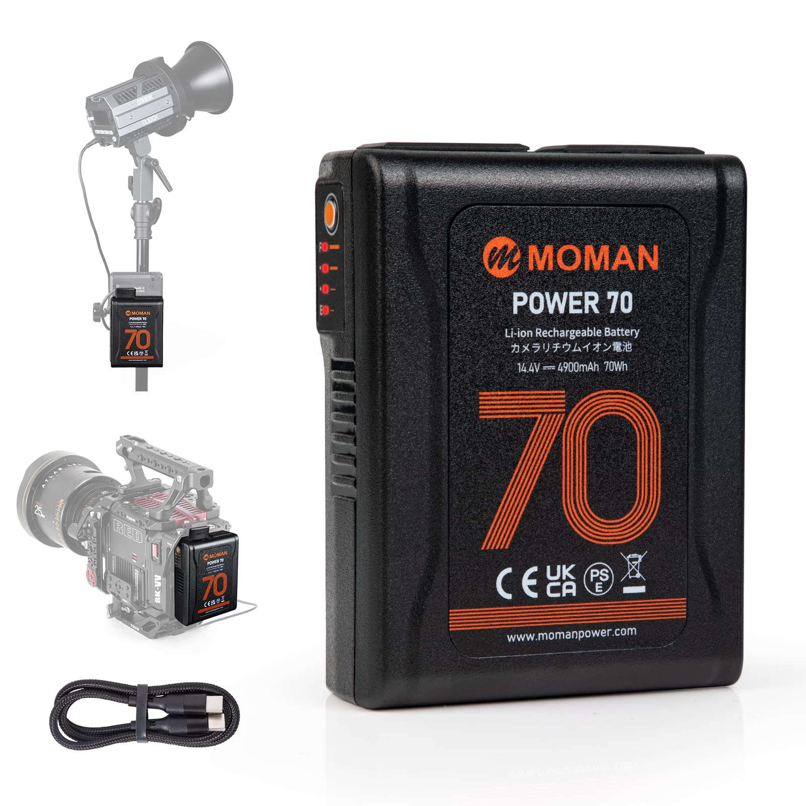 Vマウントバッテリー, 4900mAh USB-C入力/出力対応 Moman(モーマン) power 70 vマウントバッテリー 薄手 3.7cm厚さ コンパクト 65W usb-c出力対応 BP/D-TAP/USB-A 総出力100W,Vマウントバッテリ