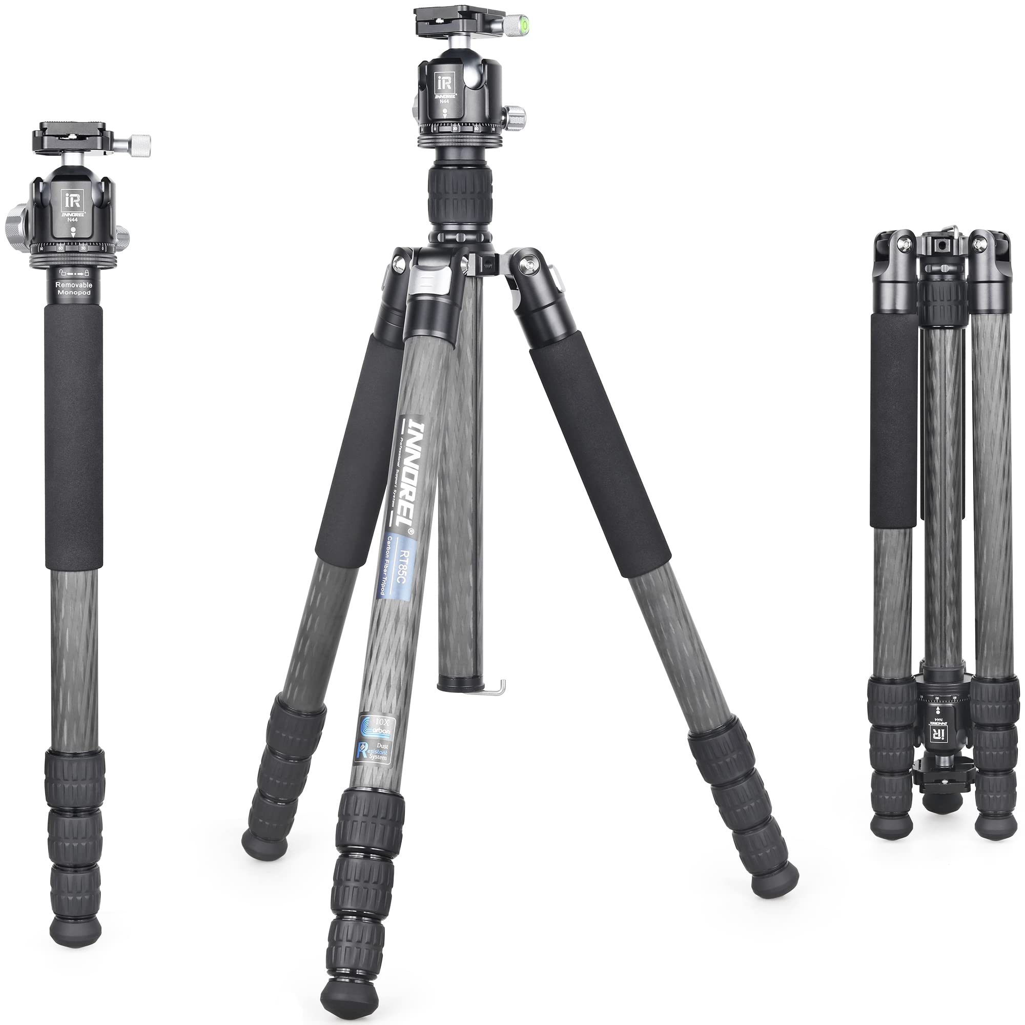 INNOREL RT85C カーボン 三脚 ボール雲台 キット 184CM トラベル三脚 プロ級 ナットロック式 エレベーター式 耐荷重 25KG 四段脚 一脚可変式 パイプ径32mm 超軽量 運動会 登山 野外 野鳥 撮影 スパイク 三脚バッグ付き (R