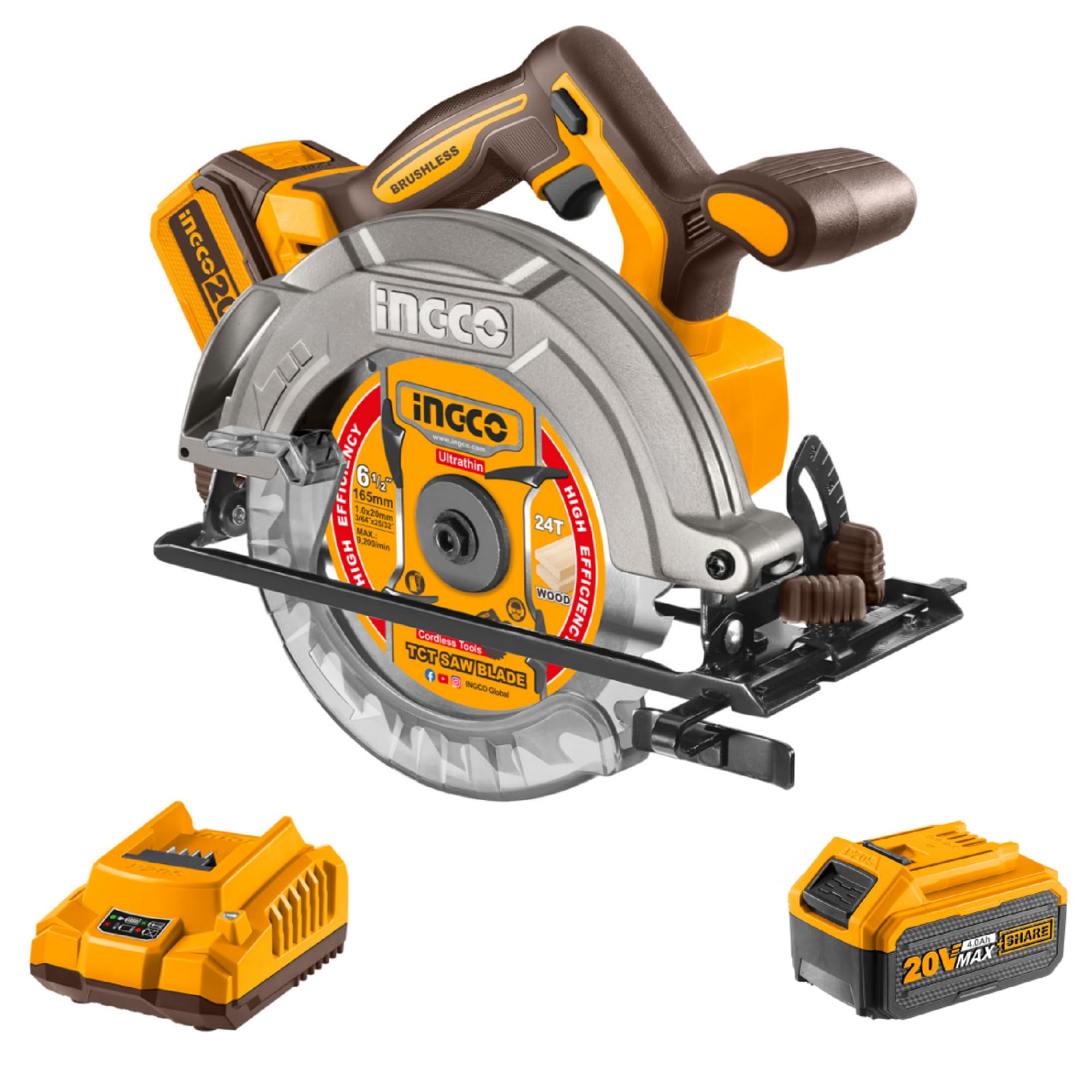 INGCO 20V コードレス丸鋸 165mm ブラシレスモーター 5200RPM 切断深さ55mm (90°) 1個の4.0Ahバッテリーと1個の充電器付き CSLI16521