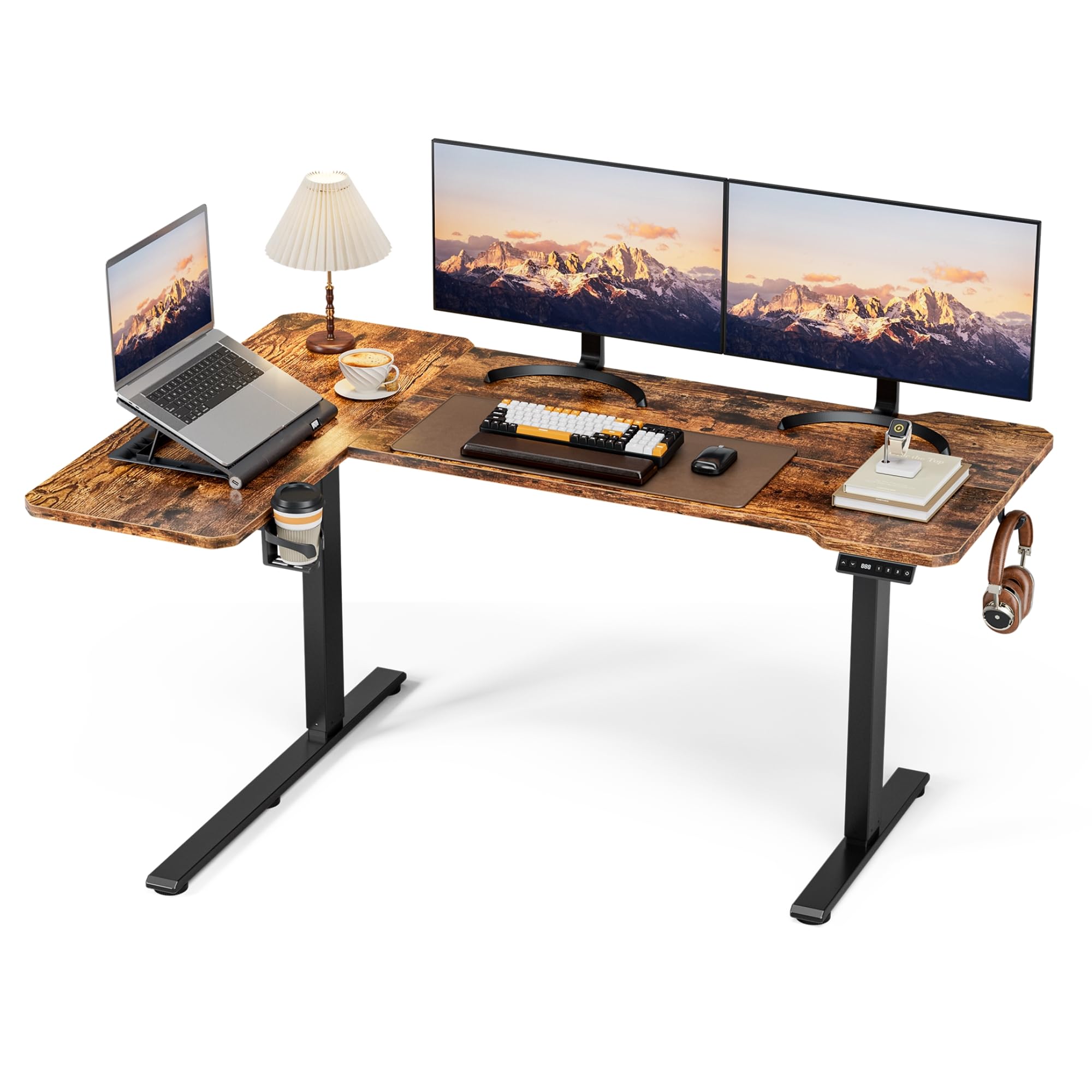 Acrolix電動 l字昇降式デスク 昇降式テーブル ゲーミングデスク スタンディングデスク 幅150cm 奥行100cm 高さ調節 メモリ機能 一人暮らし テレワークオフィスワークテーブル テレワーク 在宅ワーク スタンドアップテーブル ブラウン天板