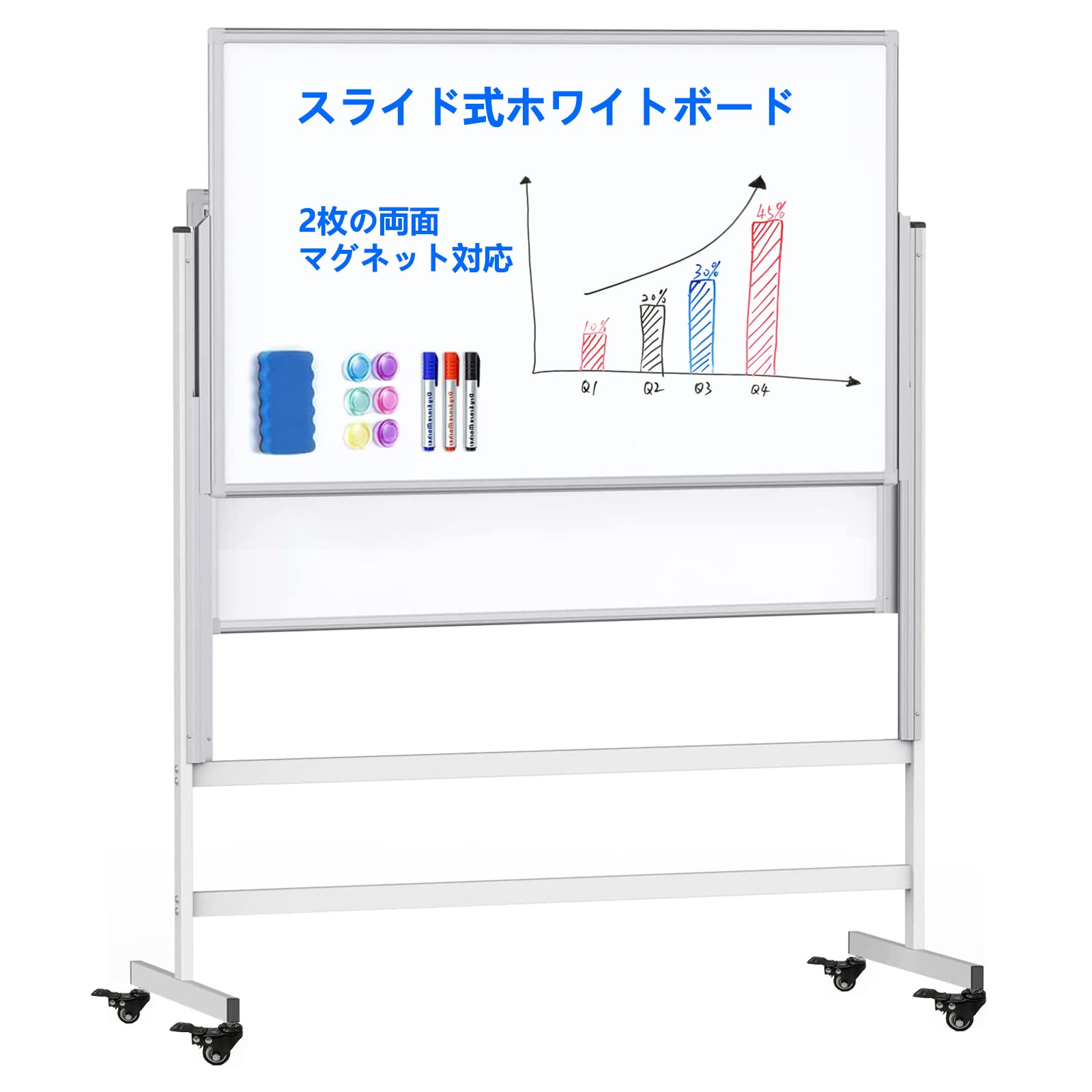 Putenahoto ホワイトボード 脚付き 2両面磁気ホワイトボード構成 移動可能のスライド式ホワイトボード より省スペース より美観 磁気吸着対応 高さ別にお選び可能 学校 オフィス 家庭に最適 無料付属品付き （適格請求書発行可）