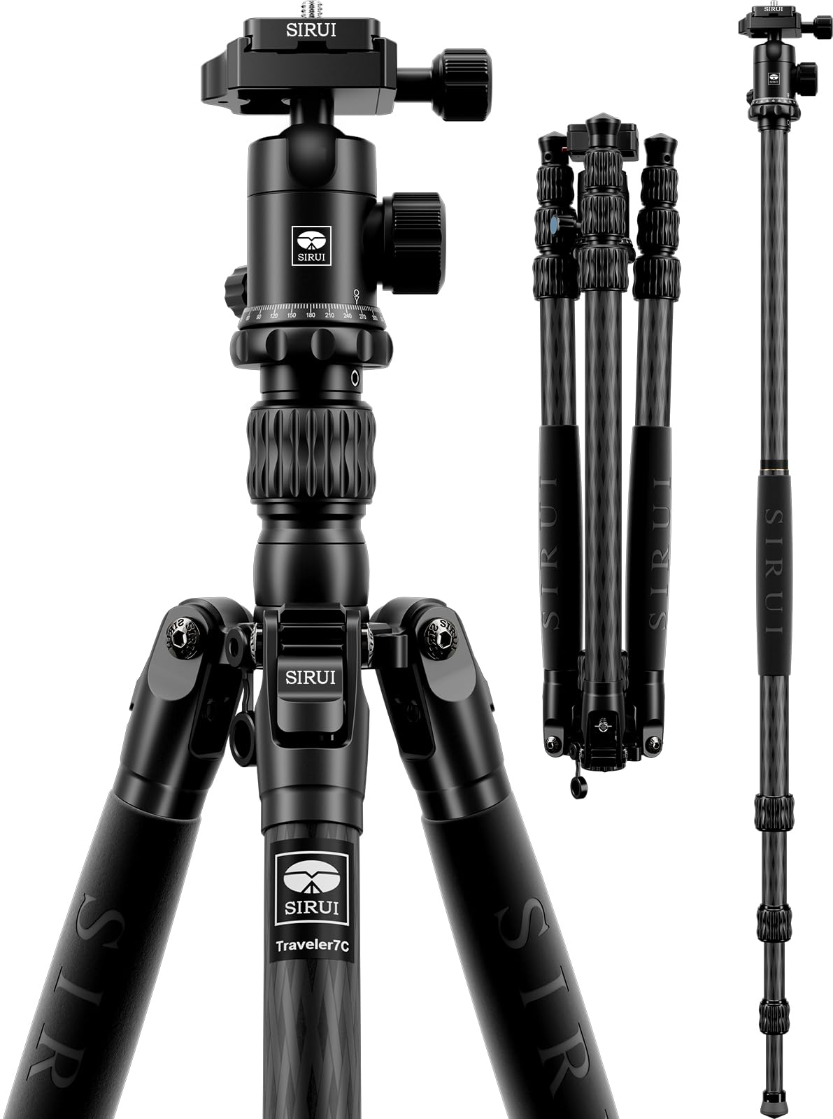 SIRUI Traveler 7C カメラ三脚 65.55 インチ カーボンファイバー Arcaアルカ三脚、E-10 360° パノラマ 雲台とアルカ スイス クイック リリース プレート 最大耐荷重 17.6 ポンド、一脚に変換可能