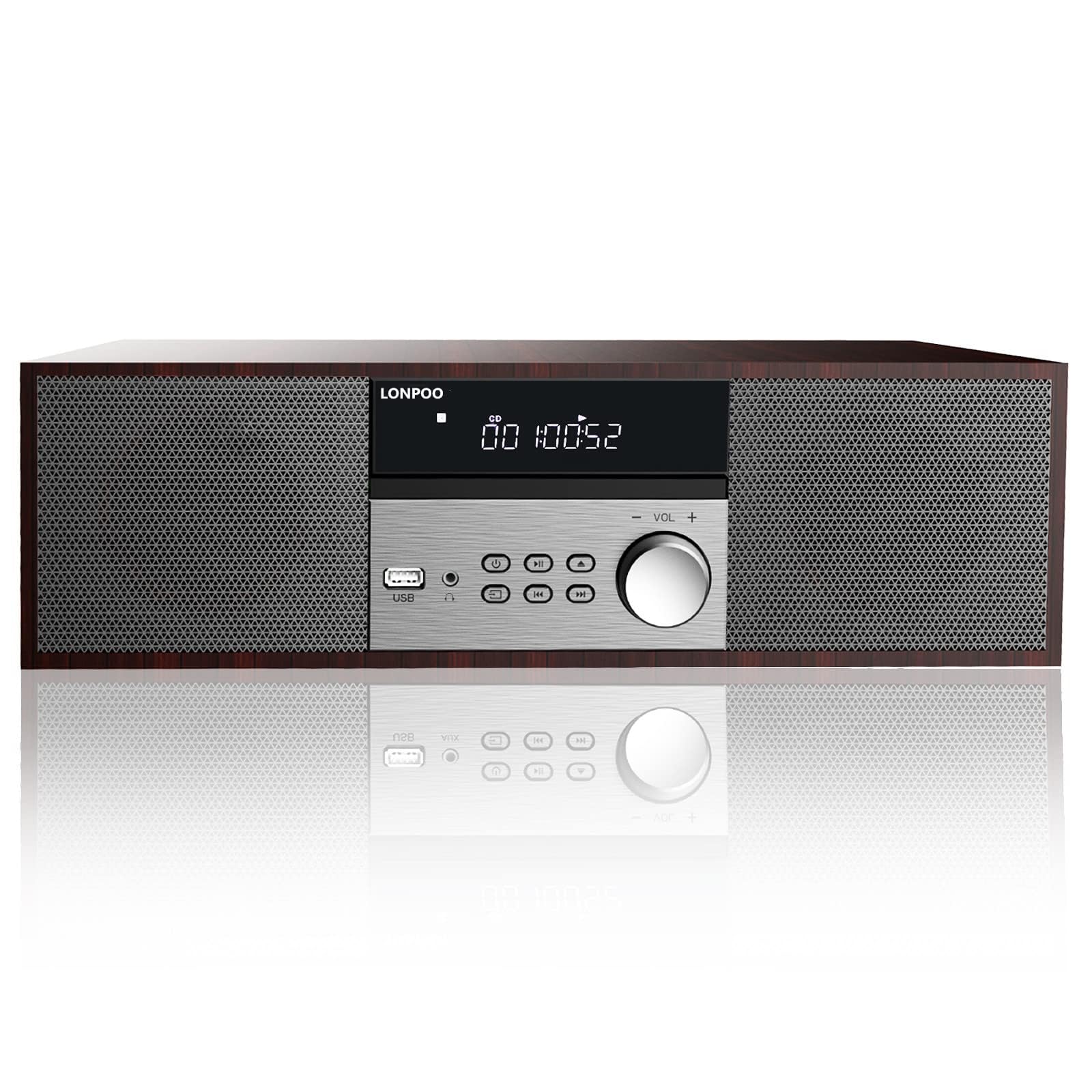 CDプレーヤー 40W コンパクトコンポーネントシステム CDステレオミニコンポ FMラジオ Bluetooth対応スピーカー USB/AUX入力 ヘッドフォンジャック 日本語リモコン ウッドキャビネット ウォールナット ブラウン