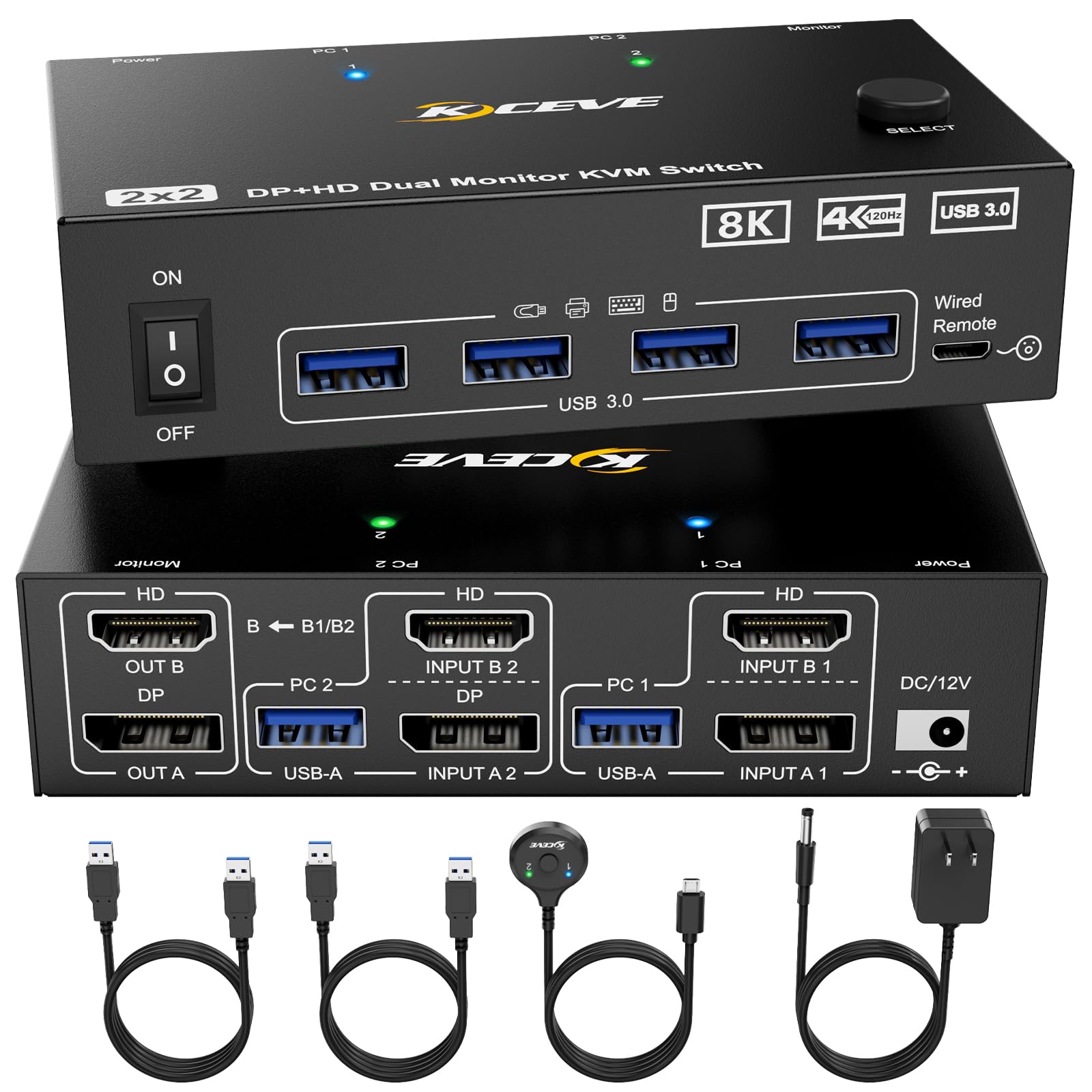 KCEVE デュアルモニター USB3.0 DP HDMI KVMスイッチ 8K@60Hz/4K@120Hz 2入力2出力(コピー/拡張モードをサポート) 2台のモニターと１組のキーボード、マウスを共有できる