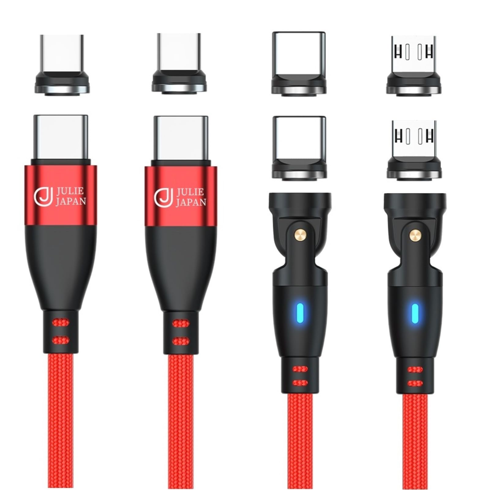 JJ JULIE JAPAN マグネット充電ケーブル PD対応 9PIN 100W マグネット端子3種類セット(USB-C、Micro-USB、アイプロダクト) 急速充電 データ通信対応 2本セット(1m,レッド)
