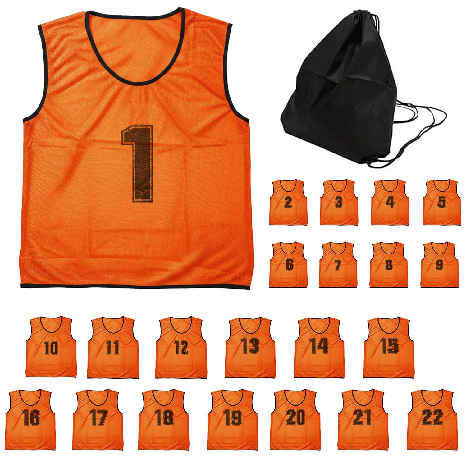 [ロジック] ビブス セット ゼッケン 収納バッグ付き 番号入り メッシュ サッカー バスケ フットサル 学校 行事 自治体 運動会 22枚セット 大人用 オレンジ