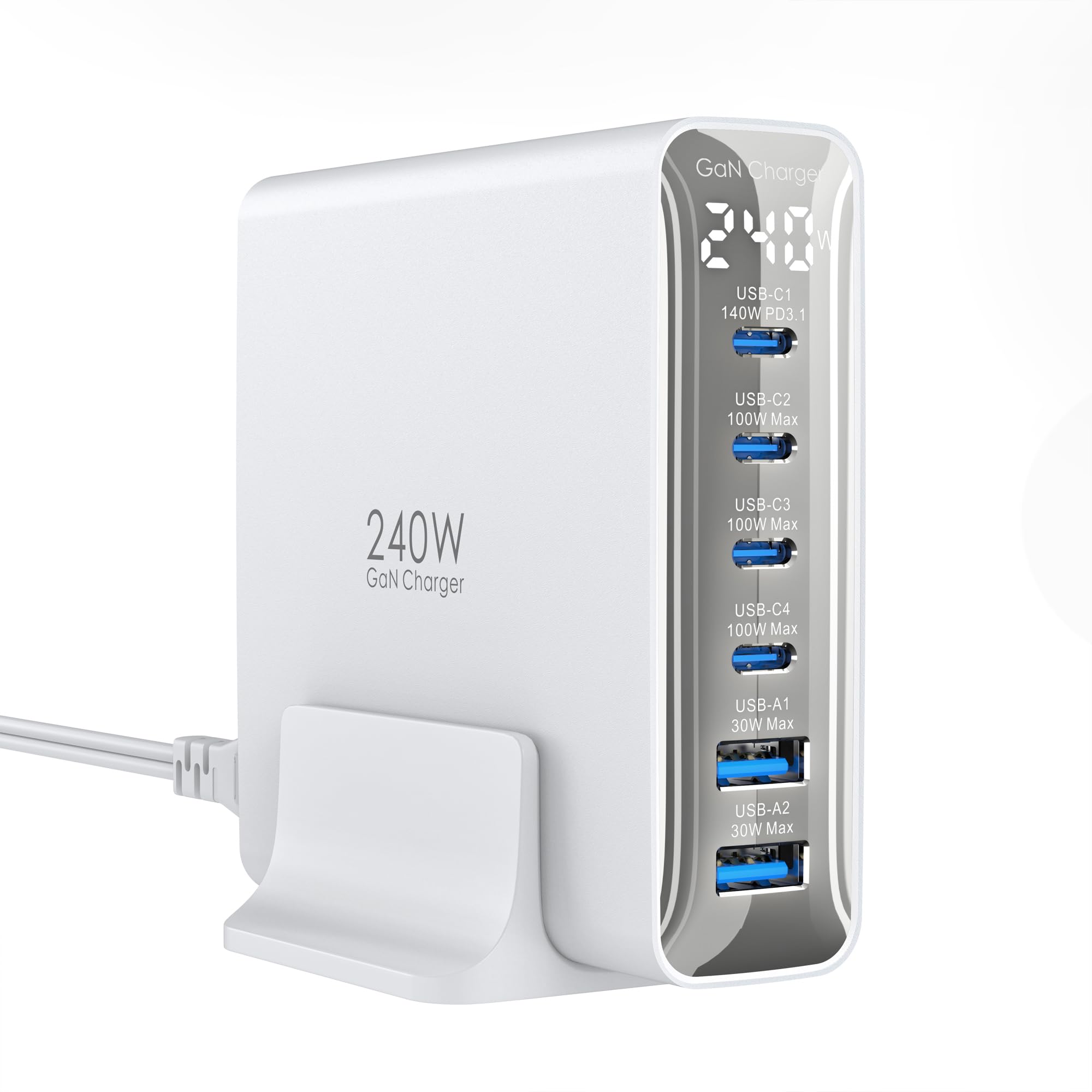 TOPADRE 240w 充電器 PD3.1対応 6ポート同時急速充電【C1 単ポート140W MAX/ディスプレイ搭載 /1.5mケーブル付】USB コンセント GaNFastIII 対応 PCに急速充電対応 MacBook Pro14”/16” 対応