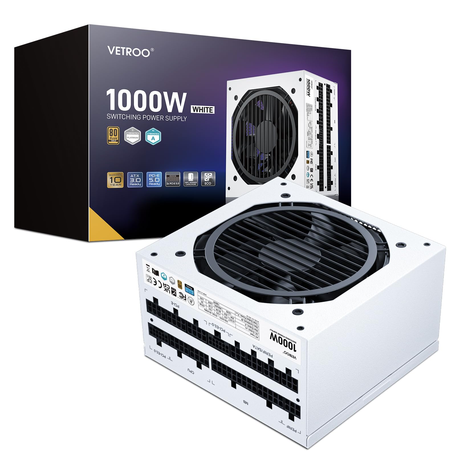 Vetroo 1000W電源ATX 3.0 ReadyダブルPCIe 5.0, 80 Plus Goldフルモジュラー、コンパクトサイズ、日本105℃コンデンサ、エコモード120mm FDBファン、10年保証、ゲームPCなどに対応 (Black)｜生活応援ショップ　店