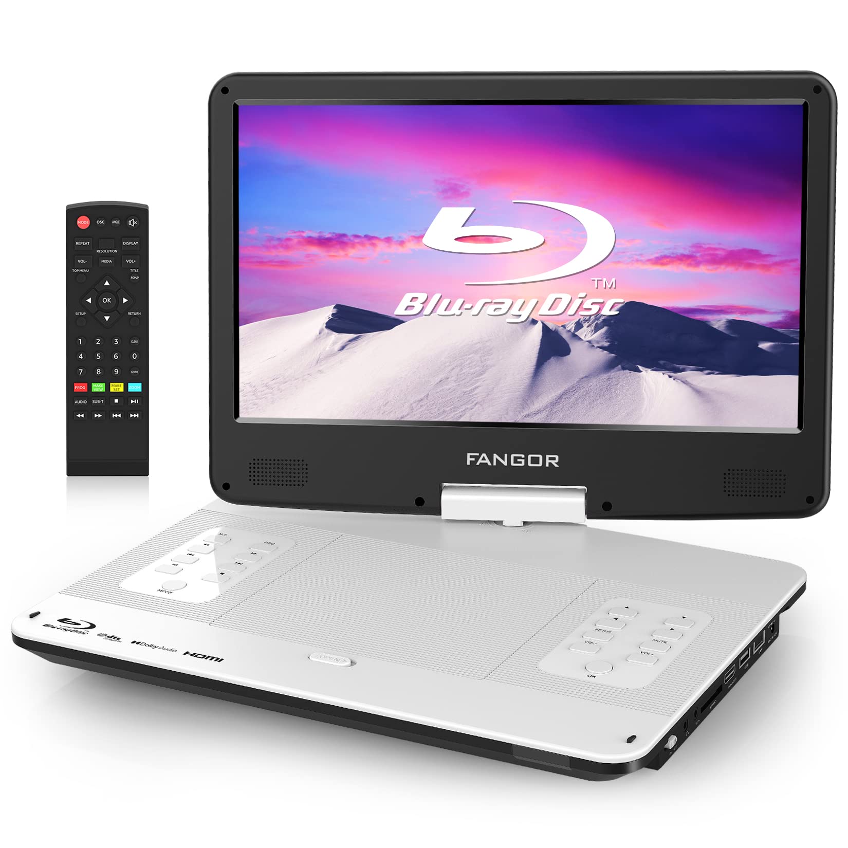 FANGOR ポータブルブルーレイプレーヤー 14.1インチ HDMI出力 270度回転式画面 充電バッテリー搭載 CPRM対応 途中再生 ３電源対応 3時間連続再生 日本語取扱説明書 ホワイト