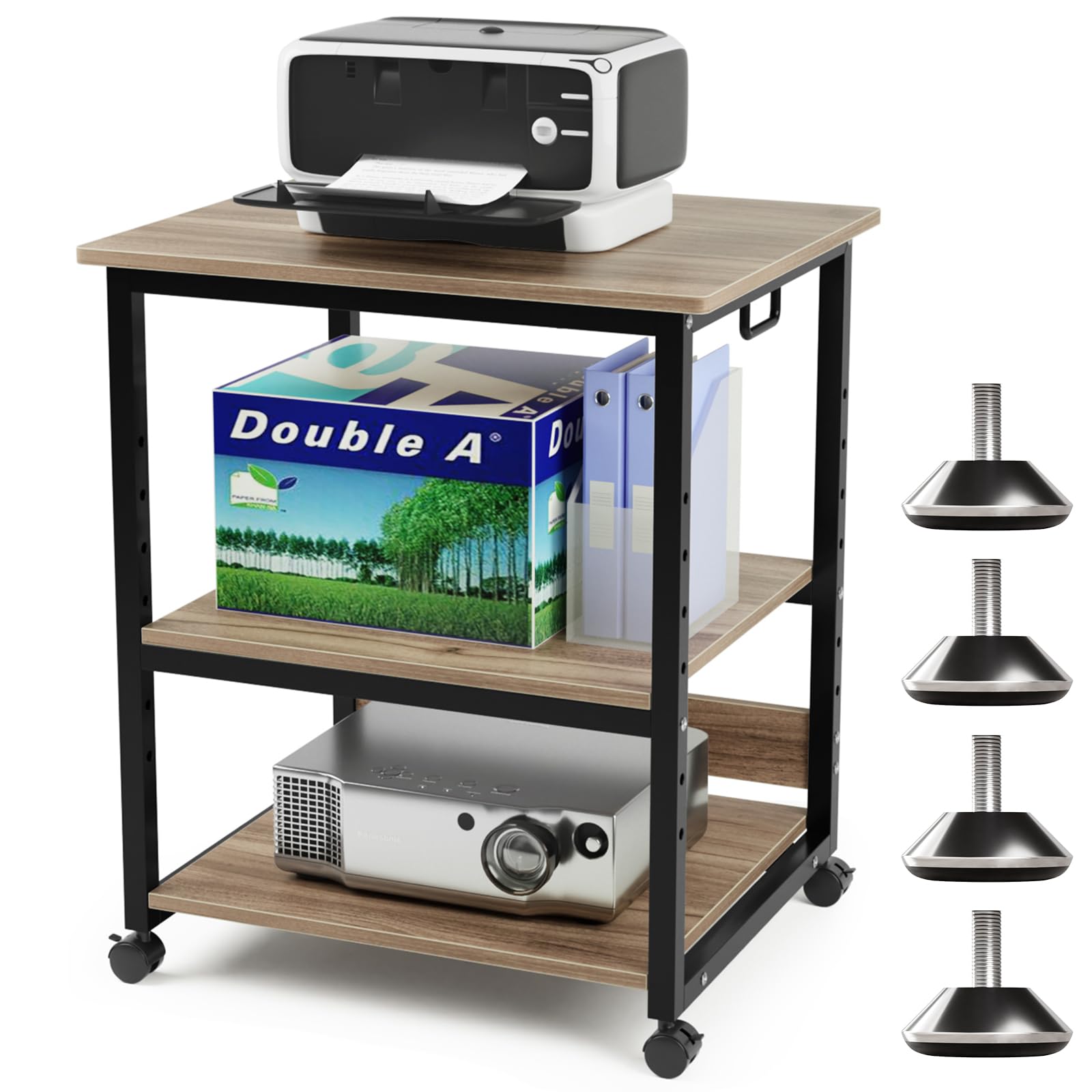 DEWEL プリンター台 プリンターラック 幅60cm×奥行50cm×高さ70cm プリンターワゴン 3段 総耐荷重90kg プリンターカート キャスター付き 丸角設計 中棚調整 A3対応 アジャスター付き オフィス ホーム収納用 組み立て簡単