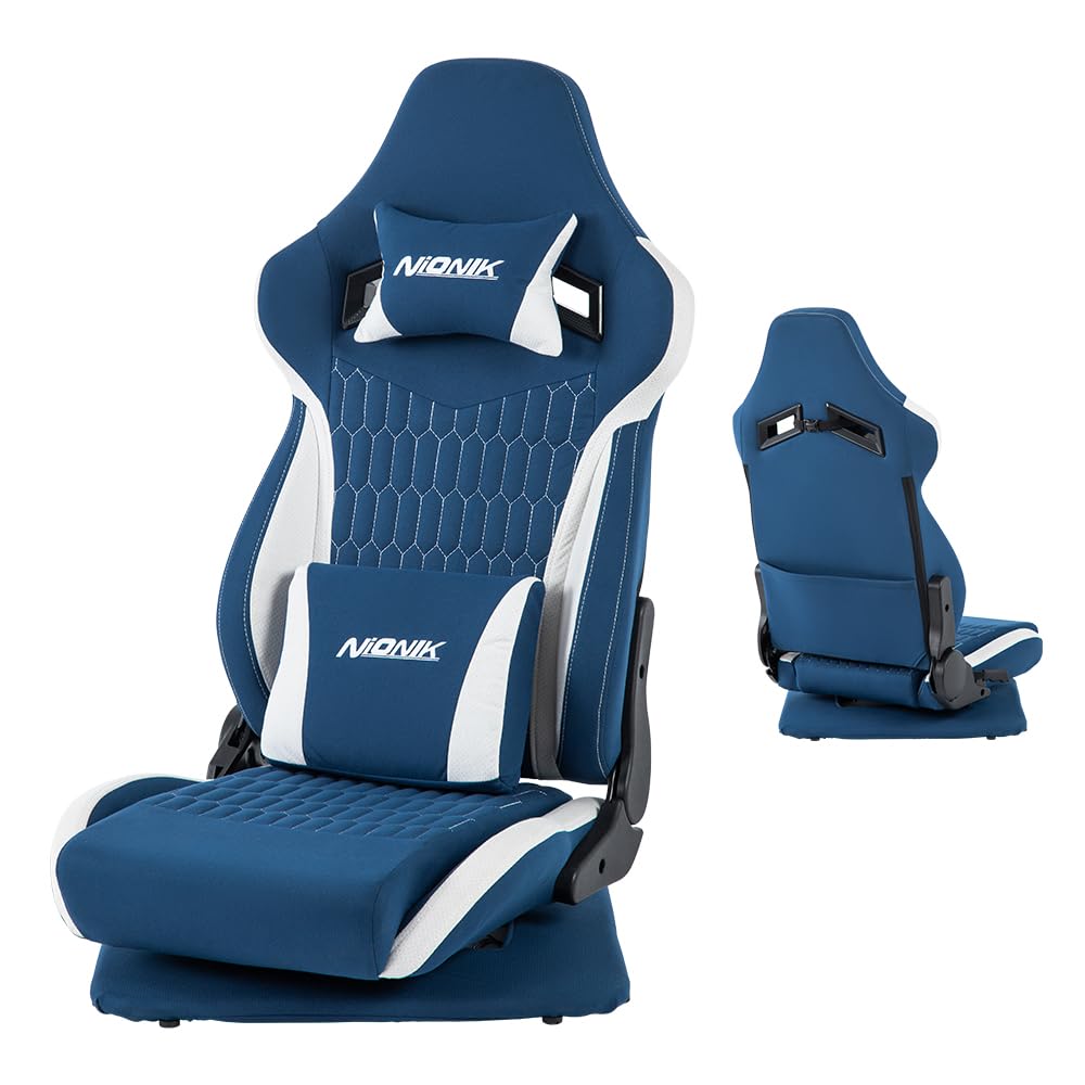 NIONIK ゲーミングチェア 座椅子型 ファブリック 回転 180度リクライニング ひじ掛けなし ブルー