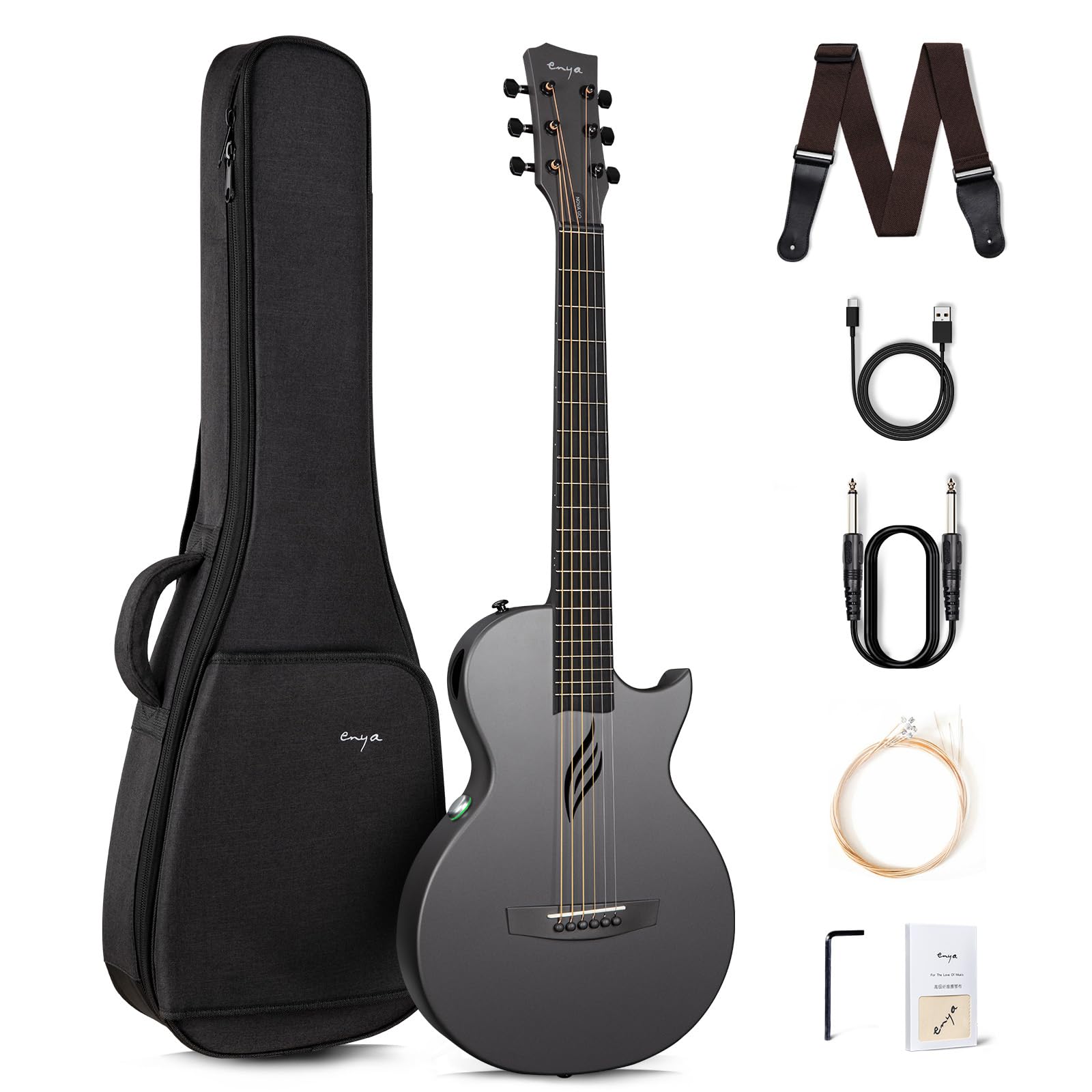 Enya Nova Go SP1アコースティック|エレキギター・カーボン一体成型ミニギター AcousticPlusピックアップ付き、ギターケースとギター両方のストラップ付属(ブラックBlack)