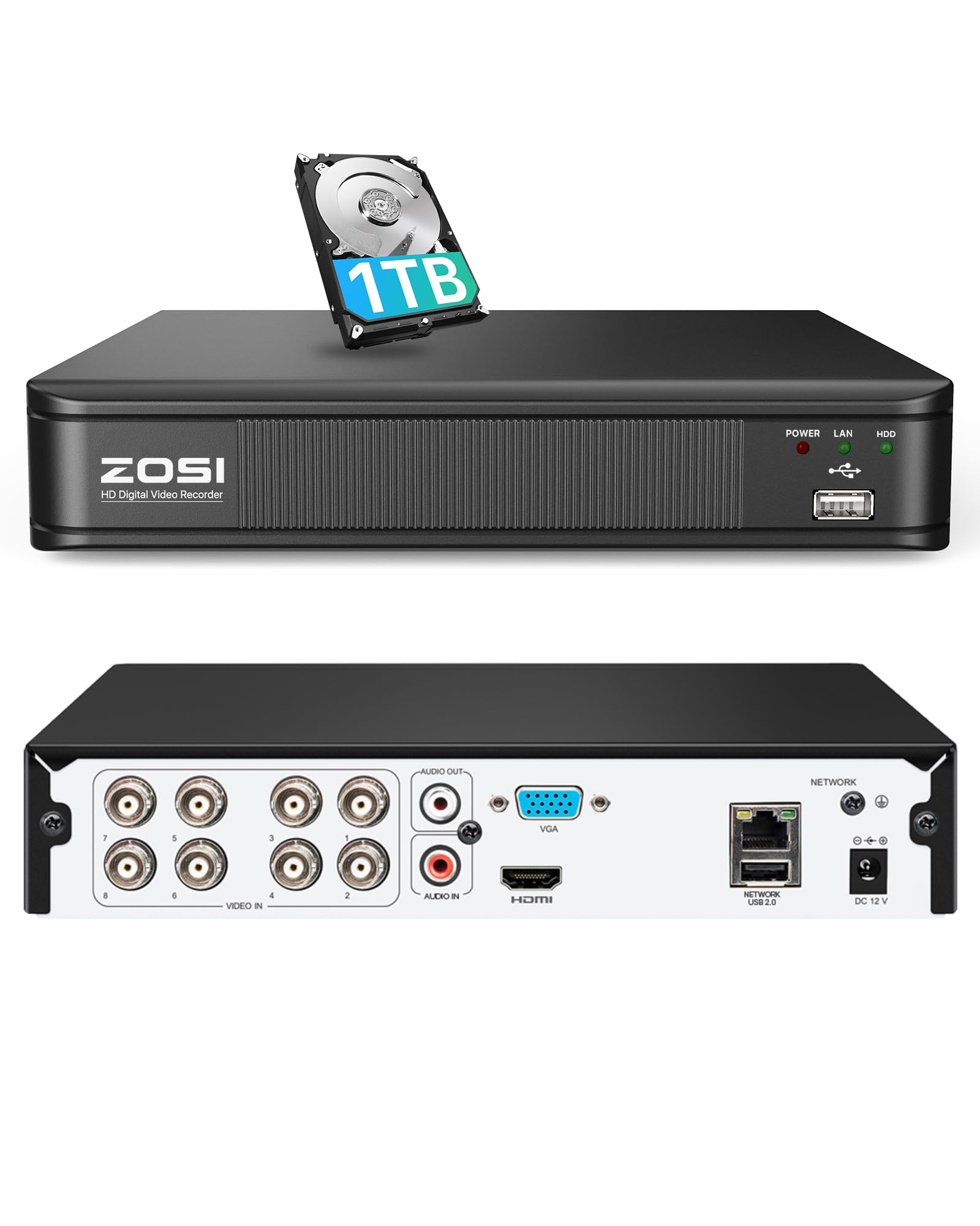 ZOSI 5MP Lite 防犯レコーダー 8ch ハイブリット録画機 アナログ/AHD/CVI/TVIカメラに対応 H.265+画像圧縮方式 モーション検知 遠隔監視 メール警報 Ipad/iPhone/Android スマートフォン対応 【ハードディス