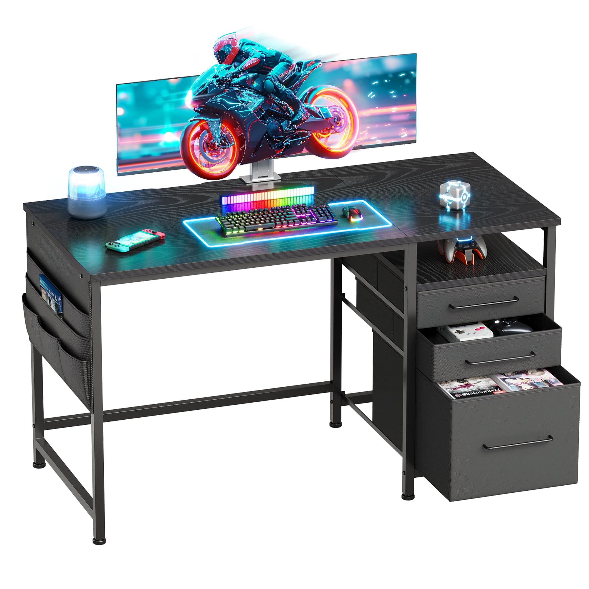 Maihail ゲーミングデスク 競り合い学習机 マイコン学習机 机 pc学習机 幅120cm×奥ぶかさ45糎 執務室学習机 働きかける入替可 布製抽き出し付き添い人 納める 練習曲机 学びとる机 黒