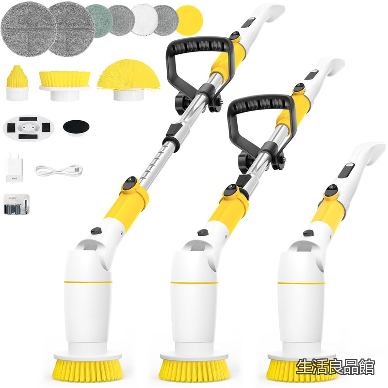 【送料無料】2ハンドル構造 伸縮式61～117cm 掃除ブラシ 充電式 コードレス 9種ヘッド付き 伸縮式シャフト 浴室・トイレ・キッチン用｜生活良品館