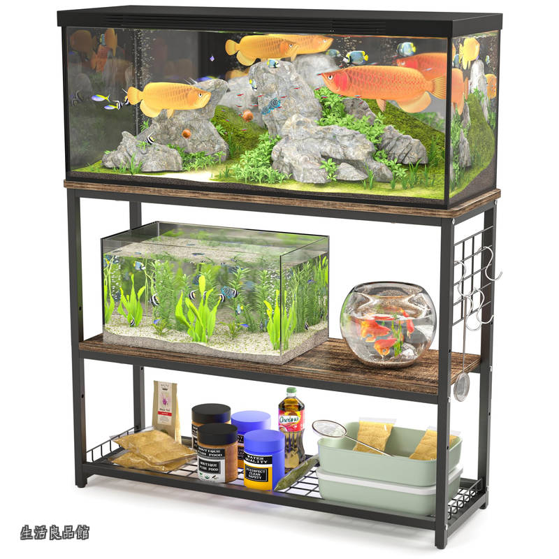 【送料無料】水槽台 幅90cm 水槽棚 水槽スタンド 90cm水槽用 組立式水槽台 ラック ウッドデコスタンド 三段式 中棚板高さ調整 フック付き 総耐荷重約120kg 頑丈 錆びにくい シェルフ アジャスター付き 奥行き30cm×高さ70cm (木目調)|生活良品館