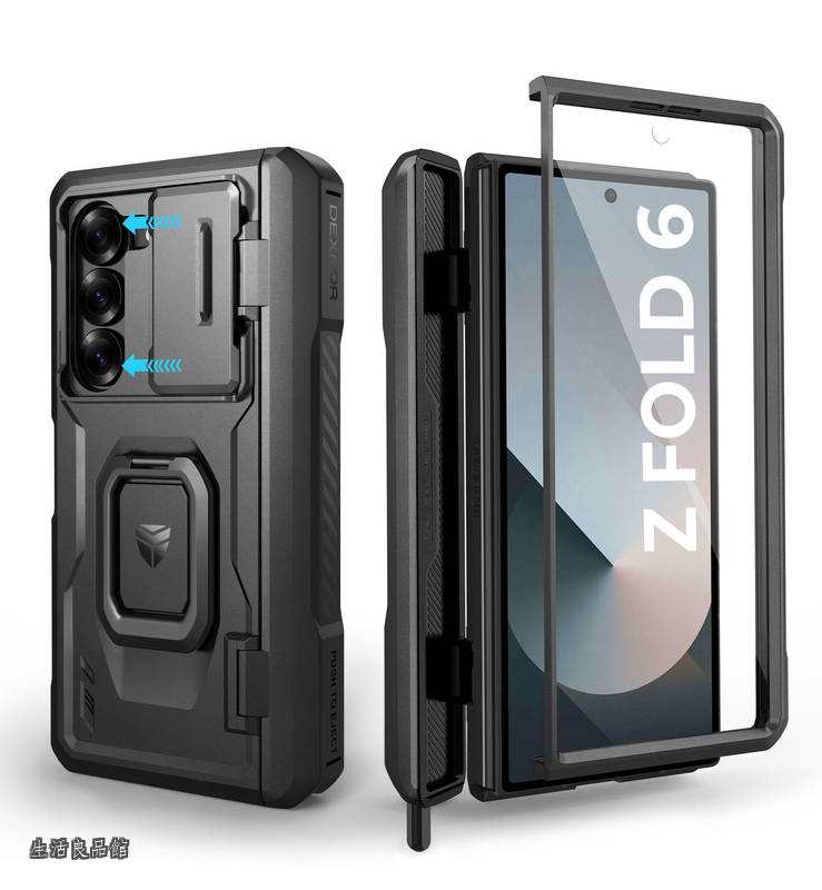 【貨物輸送無料】Samsung Galaxy Z Fold 6（2024）用容れもの 蝶つがい防御すること＆画面防御すること写真フィルム付き添い人 重甚だしいショックプローフ耐衝撃バンパーラグドケースカバー(黒いこと)