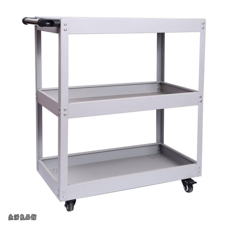 【送料無料】3段 キャスター付 グレー 耐荷重150KG 幅65.5CM&times;奥行36CM&times;高さ78.5CM 業務用 ハンドル ドライバーホール付 スチール製 工具ワゴン｜生活良品館