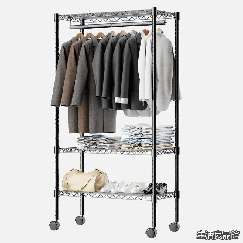 【送料無料】ハンガーラック 洋服ラック ワードローブ クローゼット 衣類収納用 メタル製 スチールラック 幅91×奥46×高さ182cm 3段 ポール径25mm メタルシェルフ 耐荷重300KG キャスター付 黒|生活良品館