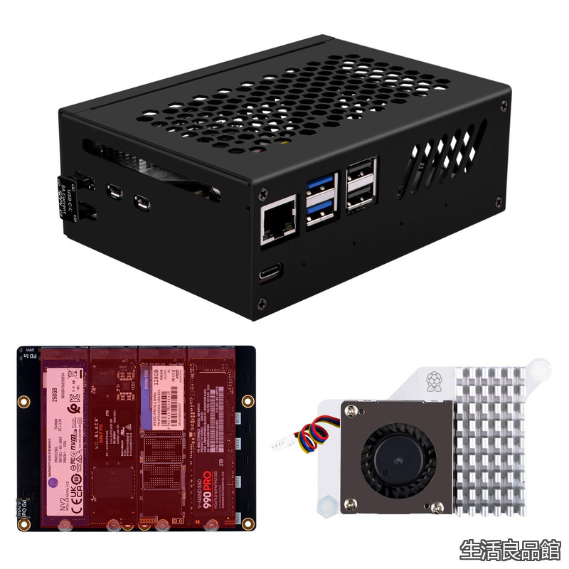 【送料無料】N16 Quad M.2 M-Key NVMe SSDハット メタルケースとアクティブクーラー付き Raspberry Pi 5用 M.2 NVMe M-Key 2230/2242/2260/2280 SSD対応|生活良品館