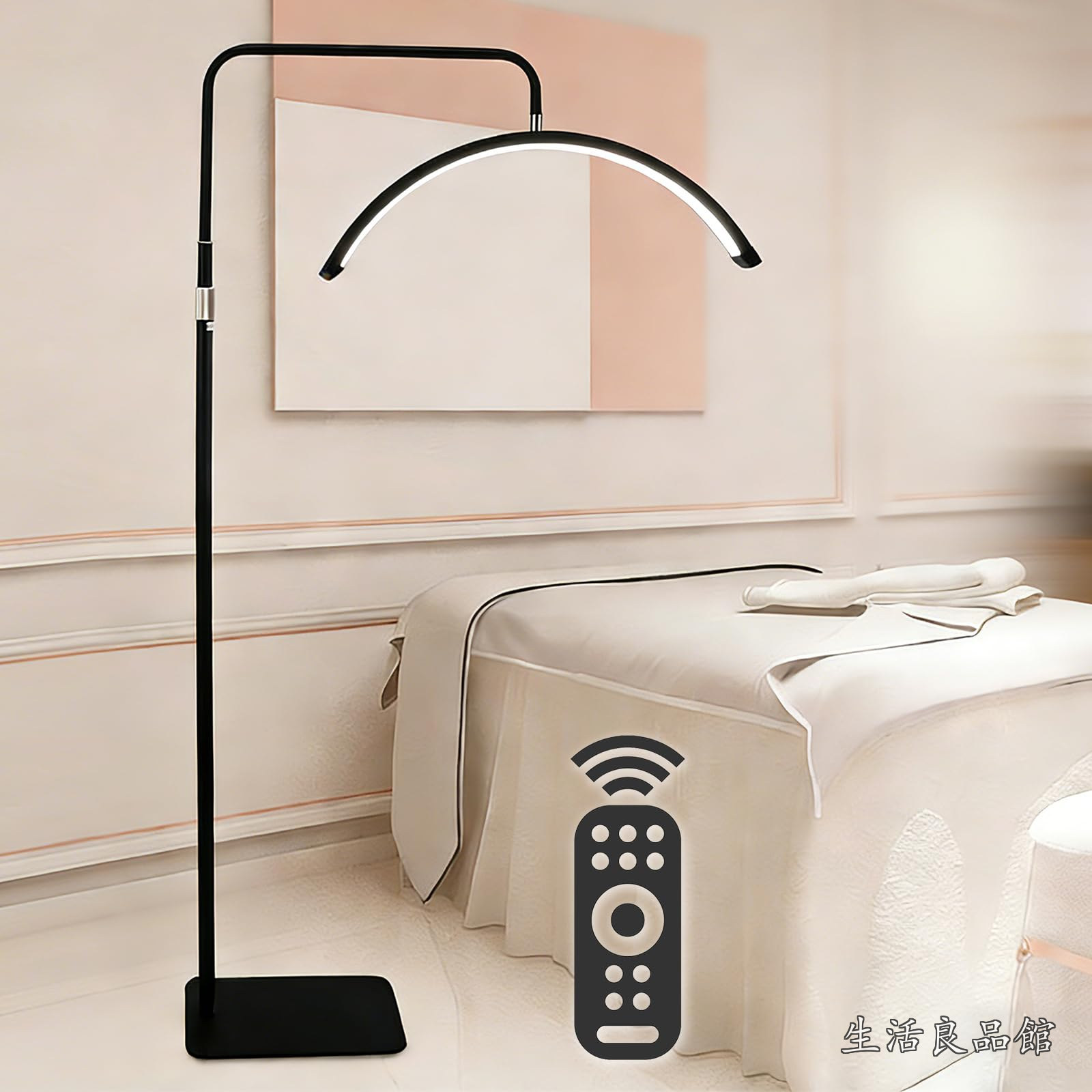 【送料無料】merc フロアライト LED ハーフムーンライト スマホホルダー付 38W 360°回転ヘッド 無段階調光 3段階調色 美容 まつげ 眉毛 タトゥー 高さ調節可能 リモコン付属 日本語説明書 黒|生活良品館