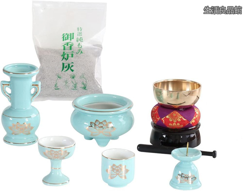 【貨物輸送無料】青磁 金蓮 瀬戸もの 5点+おりん仕掛ける 香炉灰付き添い人 今めかしいミニ仏壇用