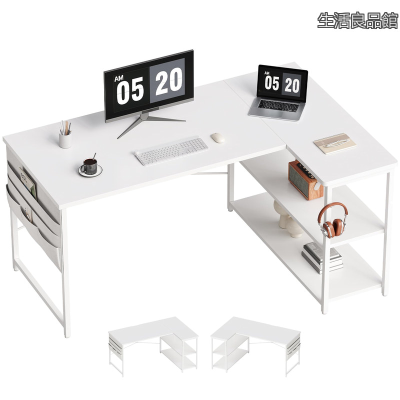 【送料無料】l字デスク 机 pcデスク ゲーミングデスク 右棚左棚 幅107cm 学習机 ゲーミングテーブル パソコンデスク 勉強机 収納袋付き作業机 白い｜生活良品館