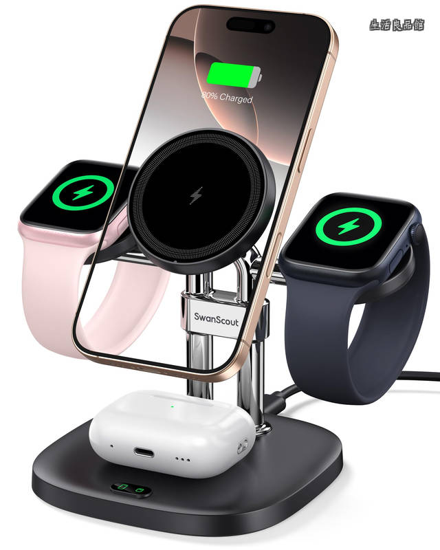 【貨物輸送無料】無線電話申し受ける器 アップルウォッチ 申し受ける器 2台等しく Apple Watch用 マグセーフ申し受ける器 申し受ける照明ランプ 磁石式 置くだけ申し受ける iPhone 17/16/15/14/13/12つづき物に相応う、Apple Watch、AirPodsに相応う、SwanScout 709M