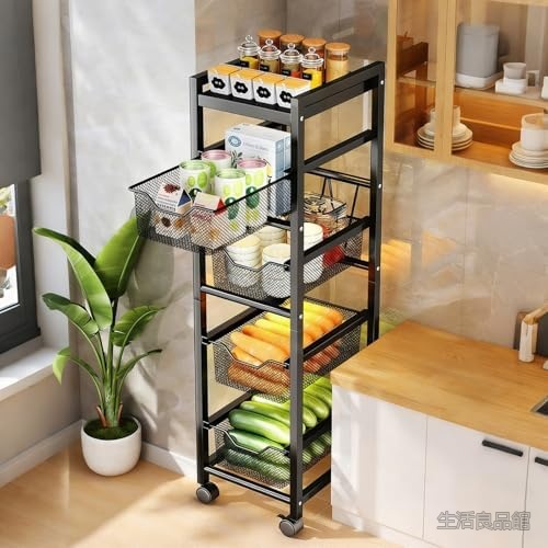 【送料無料】スリムワゴン 5段 幅25cm 隙間収納 キッチンカート 冷蔵庫横 ラック 大容量 通気性メッシュ 引き出し式 360度回転キャスター 組立簡単 ブラック おしゃれ 収納｜生活良品館